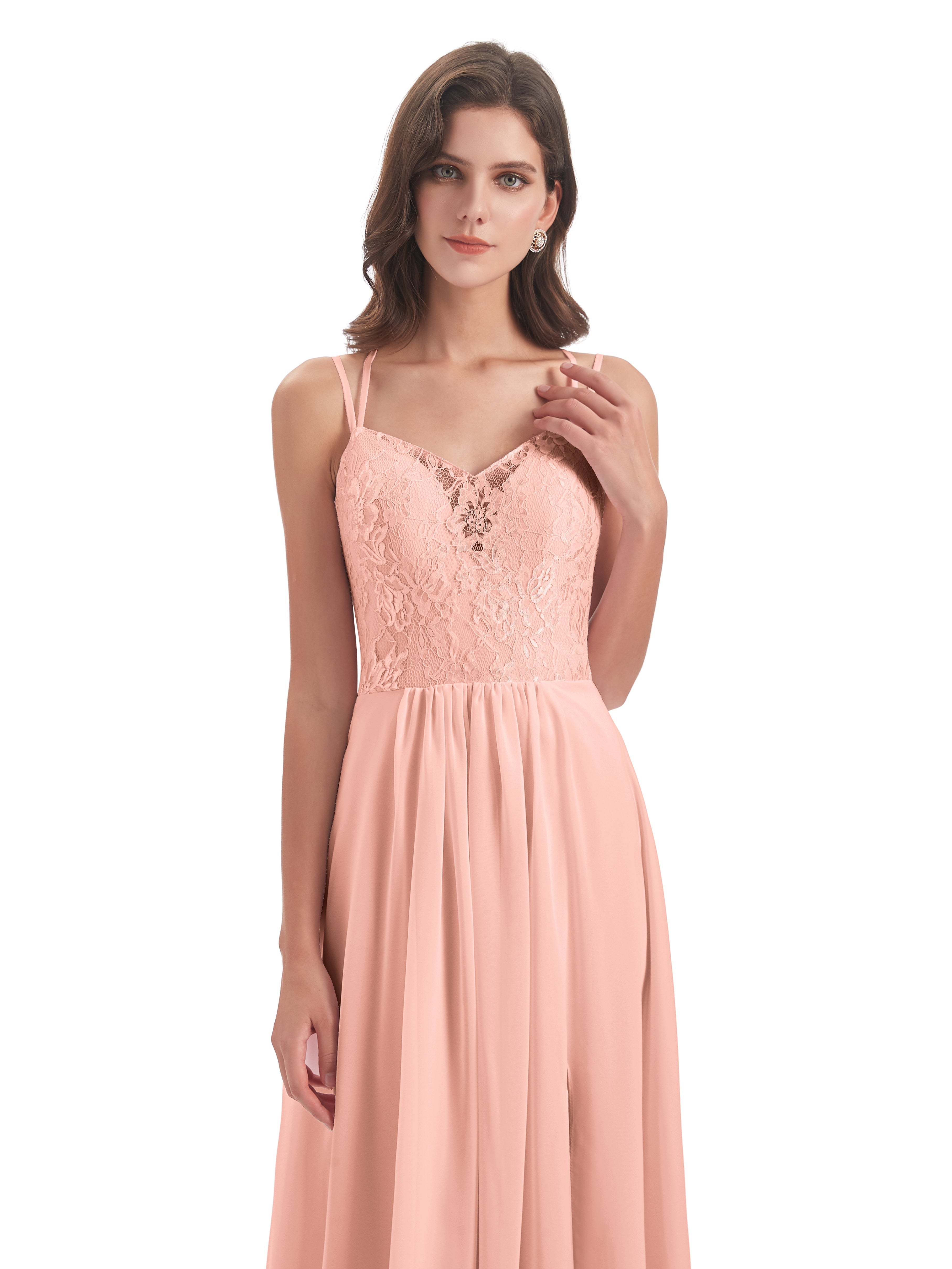 Robe Demoiselle Honneur Corail Trapèze Bretelles Spaghetti Fendue Robes Demoiselle D'Honneur