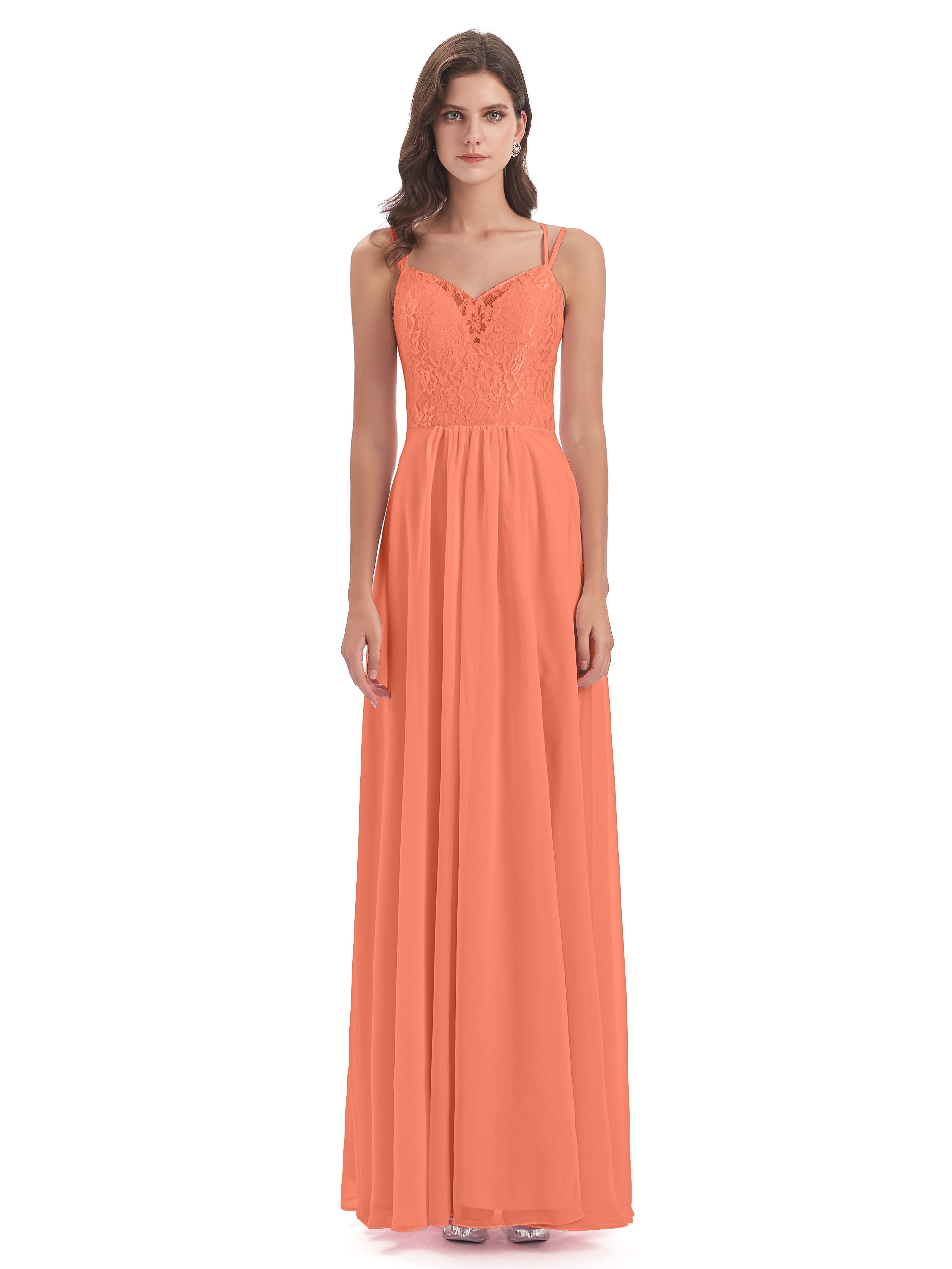 Robes De Demoiselle D'Honneur Coucher De Soleil Trapèze Bretelles Spaghetti Fendue Robes Demoiselle D'Honneur