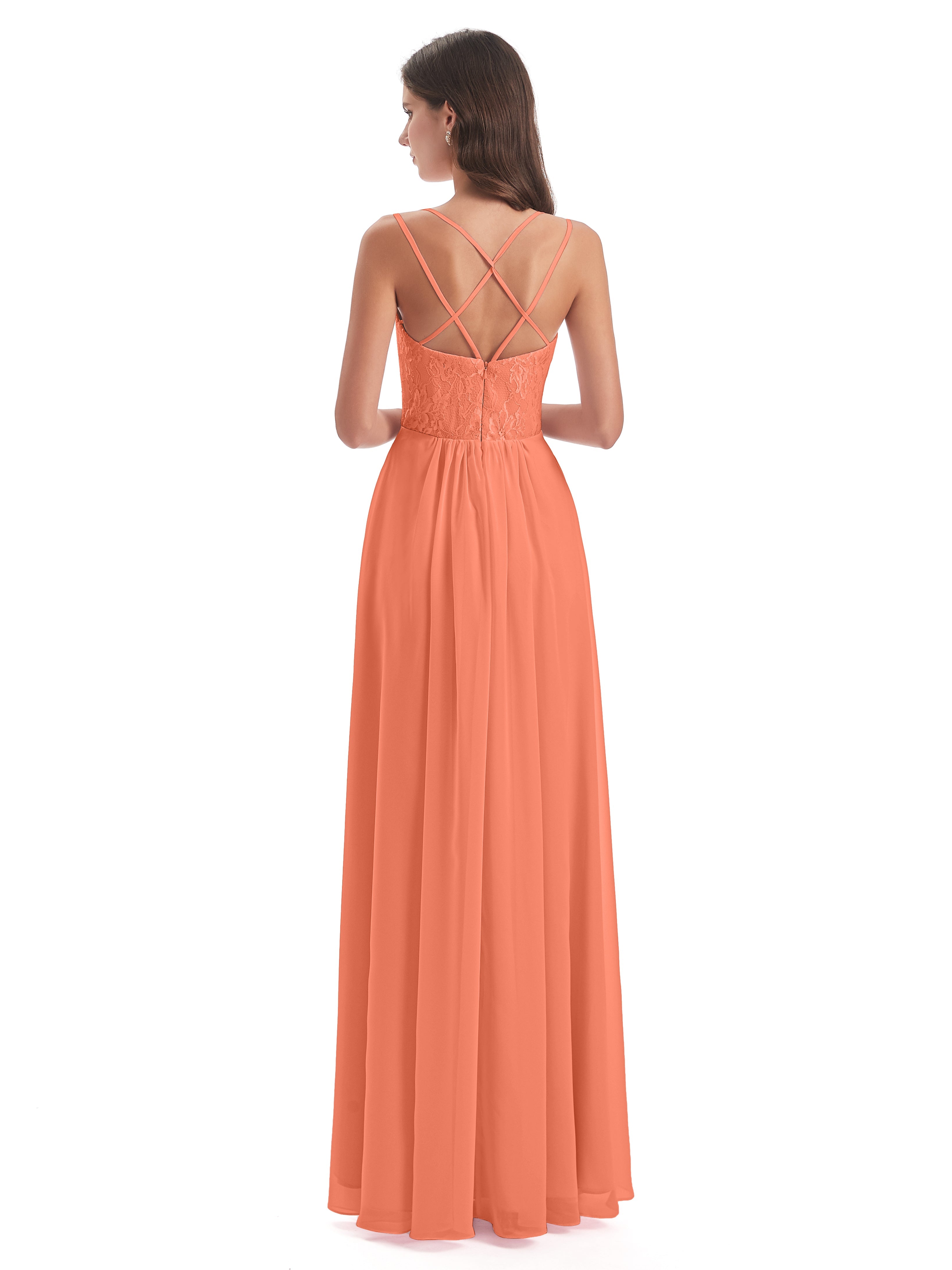 Robes De Demoiselle D'Honneur Coucher De Soleil Trapèze Bretelles Spaghetti Fendue Robes Demoiselle D'Honneur