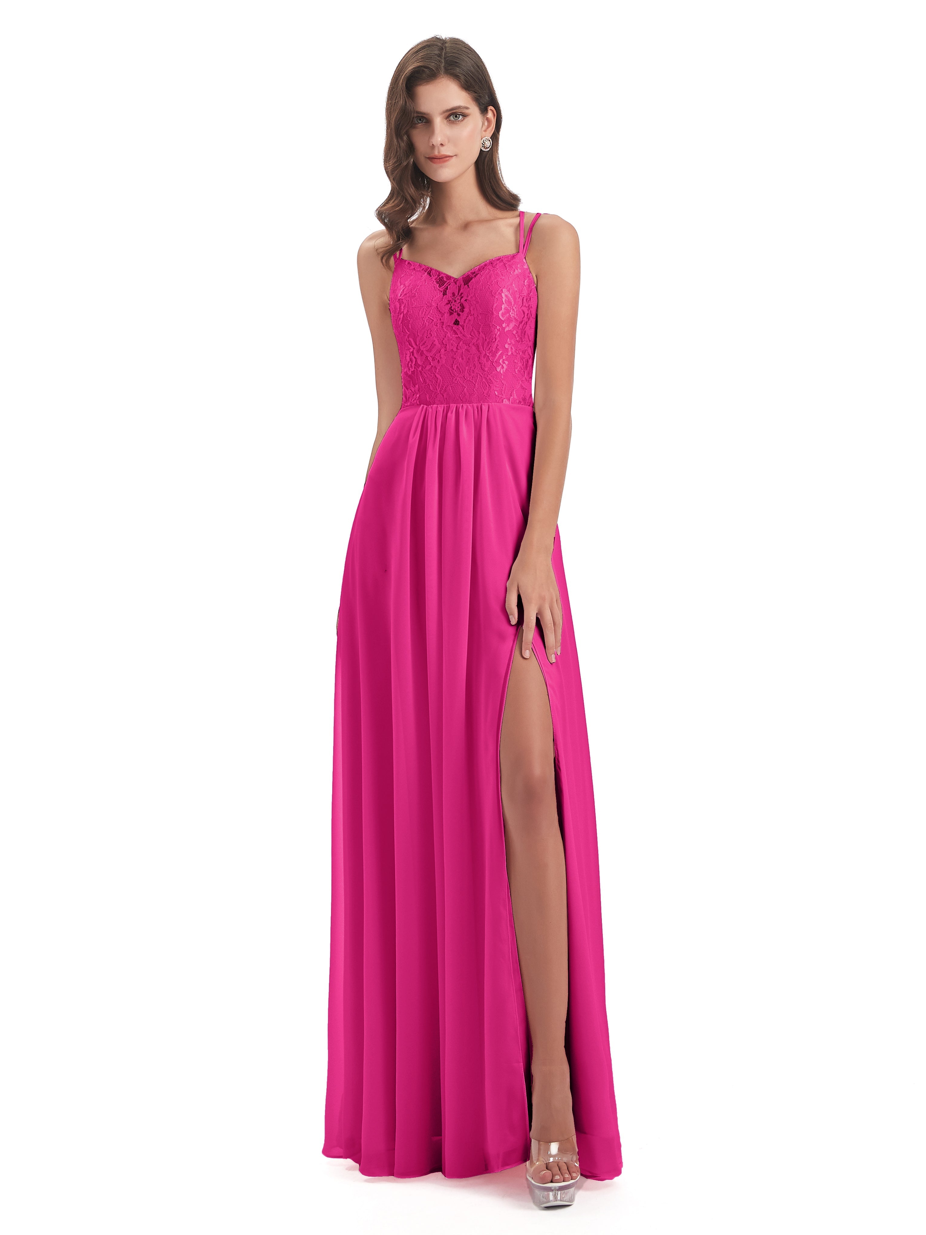 Robe Rose Fuchsia Demoiselle D Honneur Trapèze Bretelles Spaghetti Fendue Robes Demoiselle D'Honneur