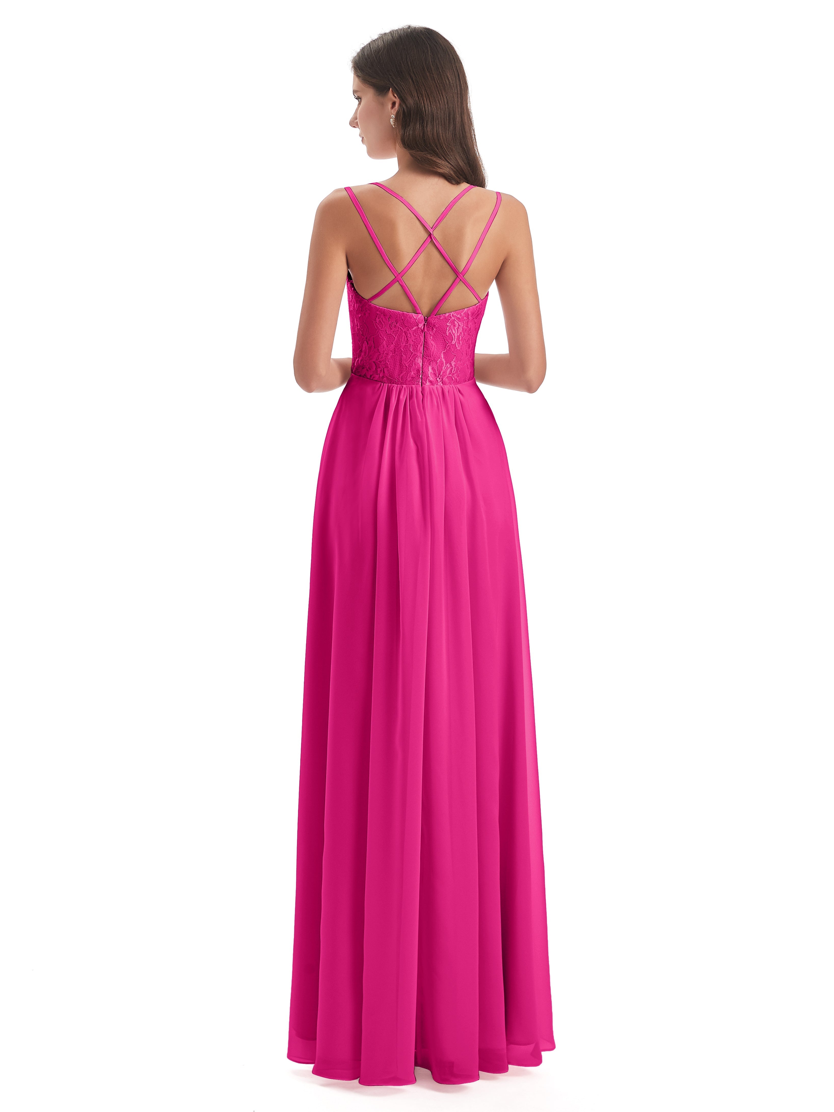 Robe Rose Fuchsia Demoiselle D Honneur Trapèze Bretelles Spaghetti Fendue Robes Demoiselle D'Honneur