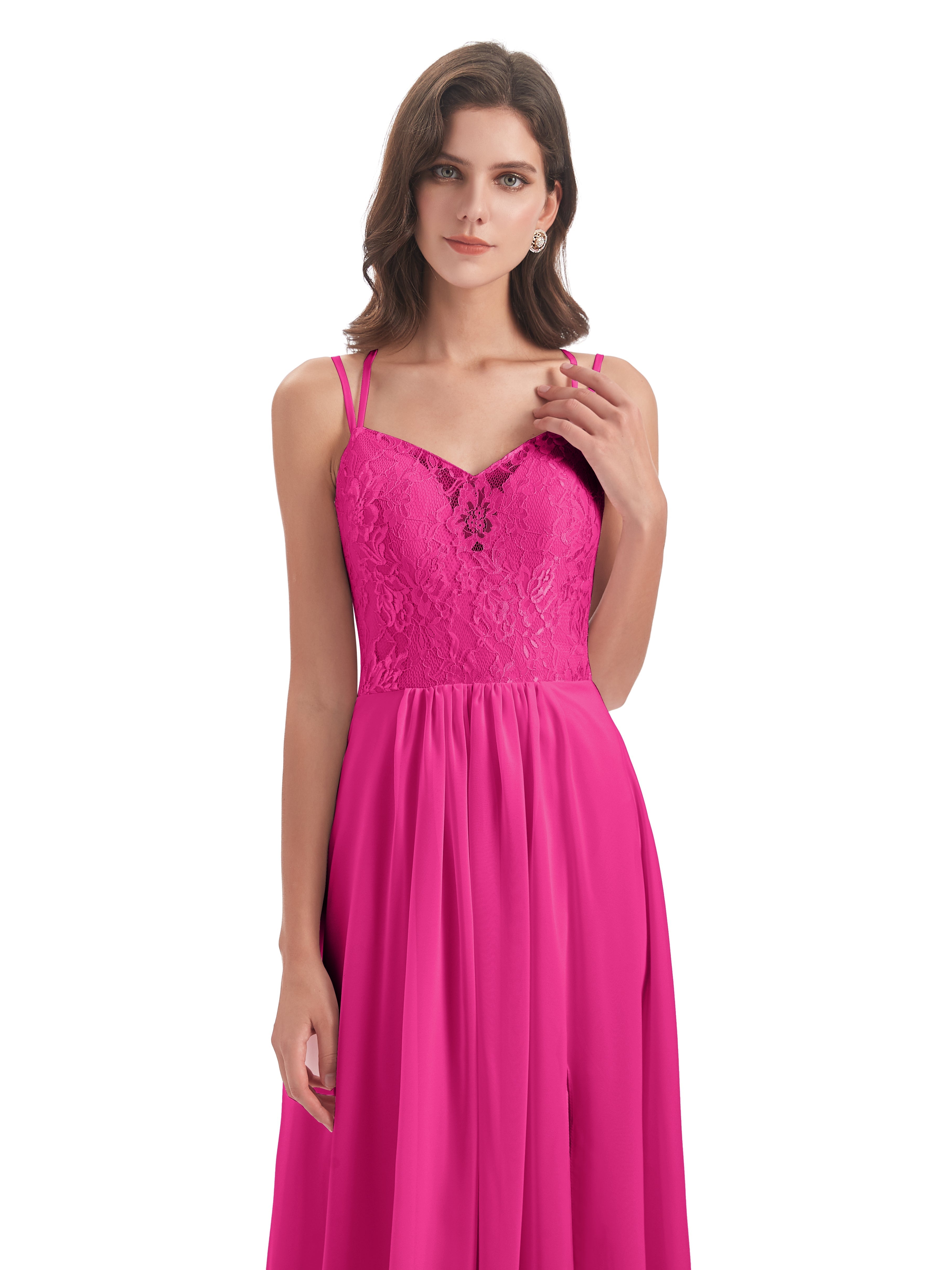Robe Rose Fuchsia Demoiselle D Honneur Trapèze Bretelles Spaghetti Fendue Robes Demoiselle D'Honneur