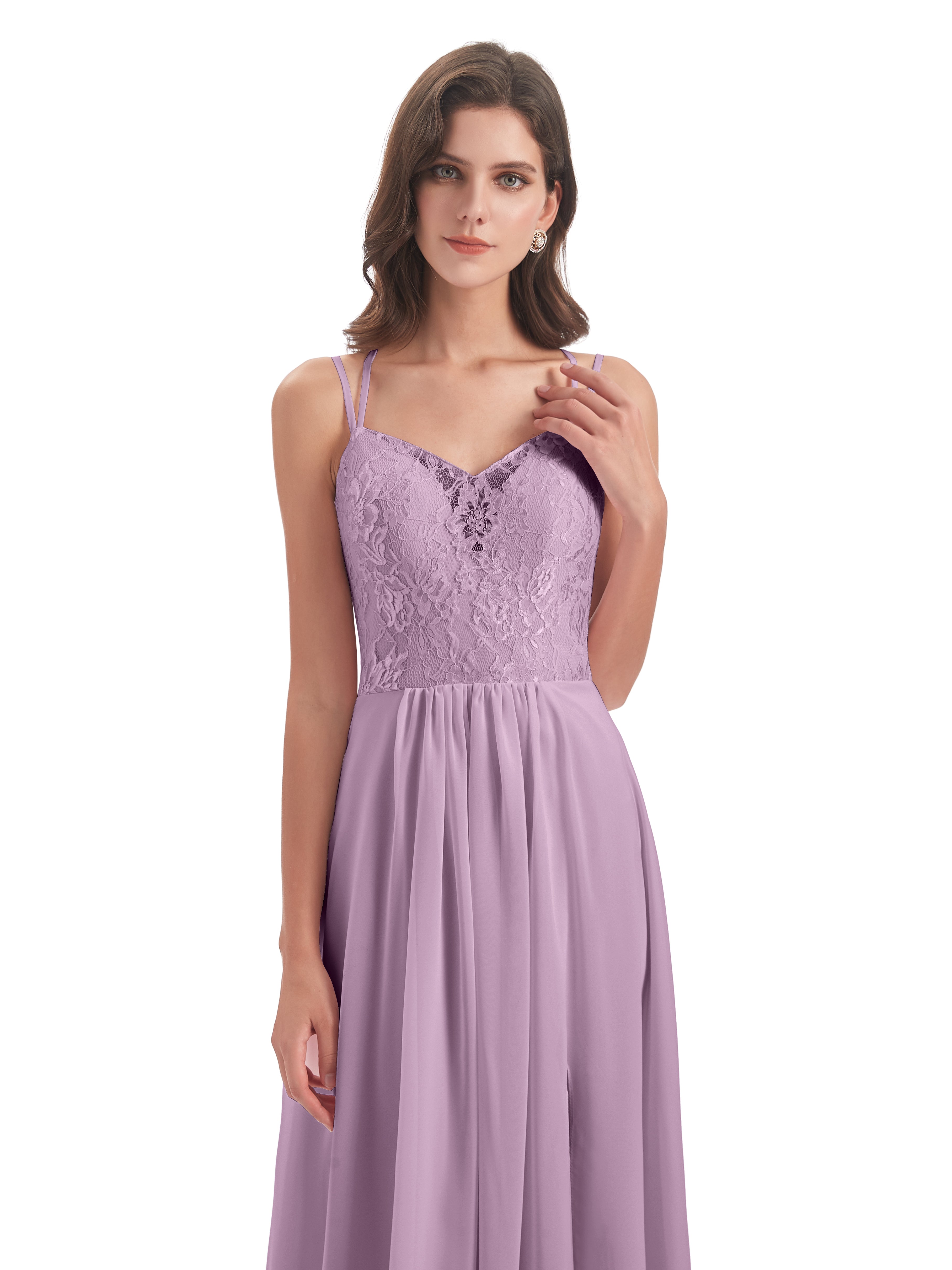 Robes De Demoiselle D'Honneur Glycine Trapèze Bretelles Spaghetti Fendue Robes Demoiselle D'Honneur