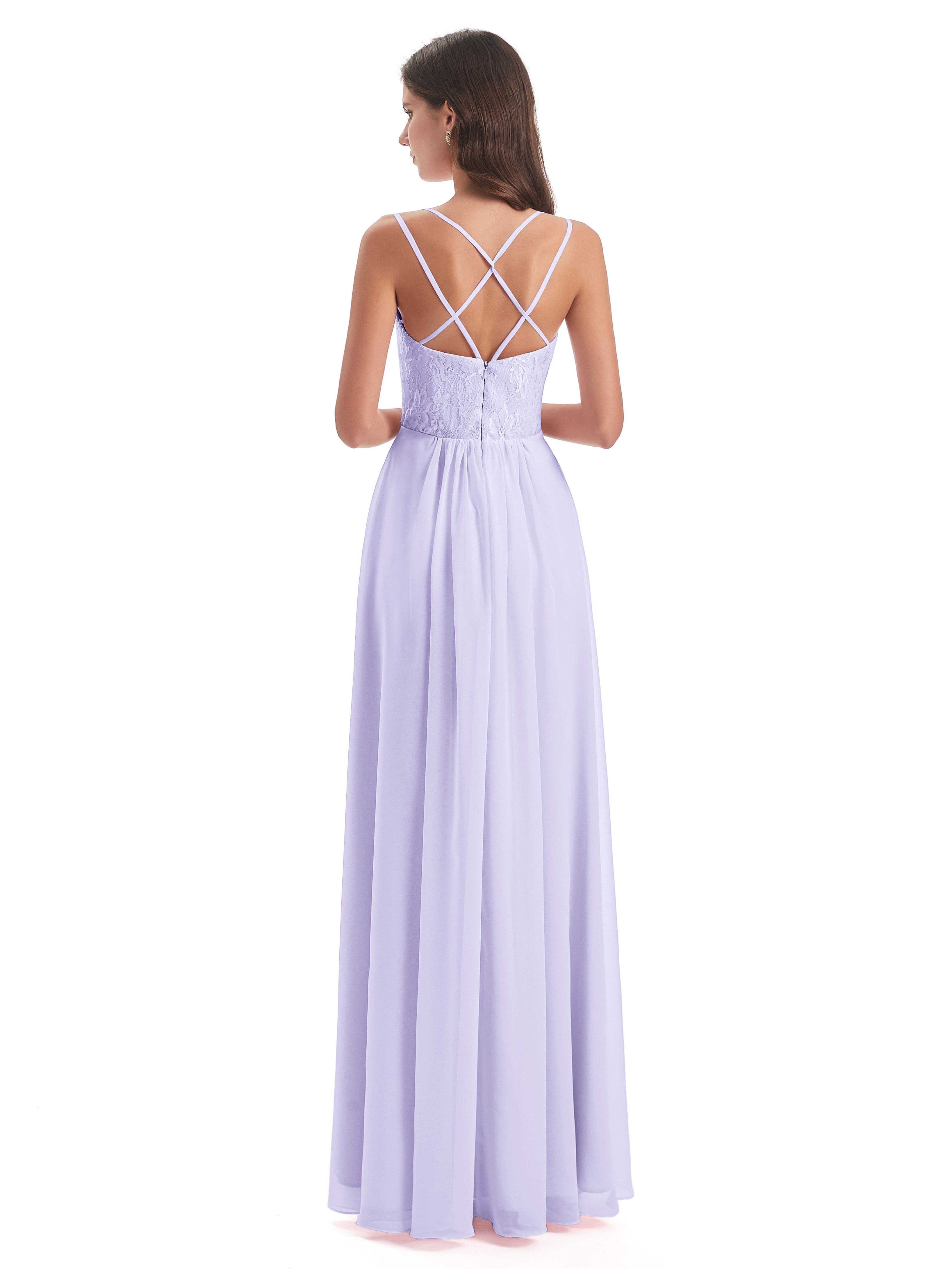 Demoiselle D Honneur Lilas Trapèze Bretelles Spaghetti Fendue Robes Demoiselle D'Honneur