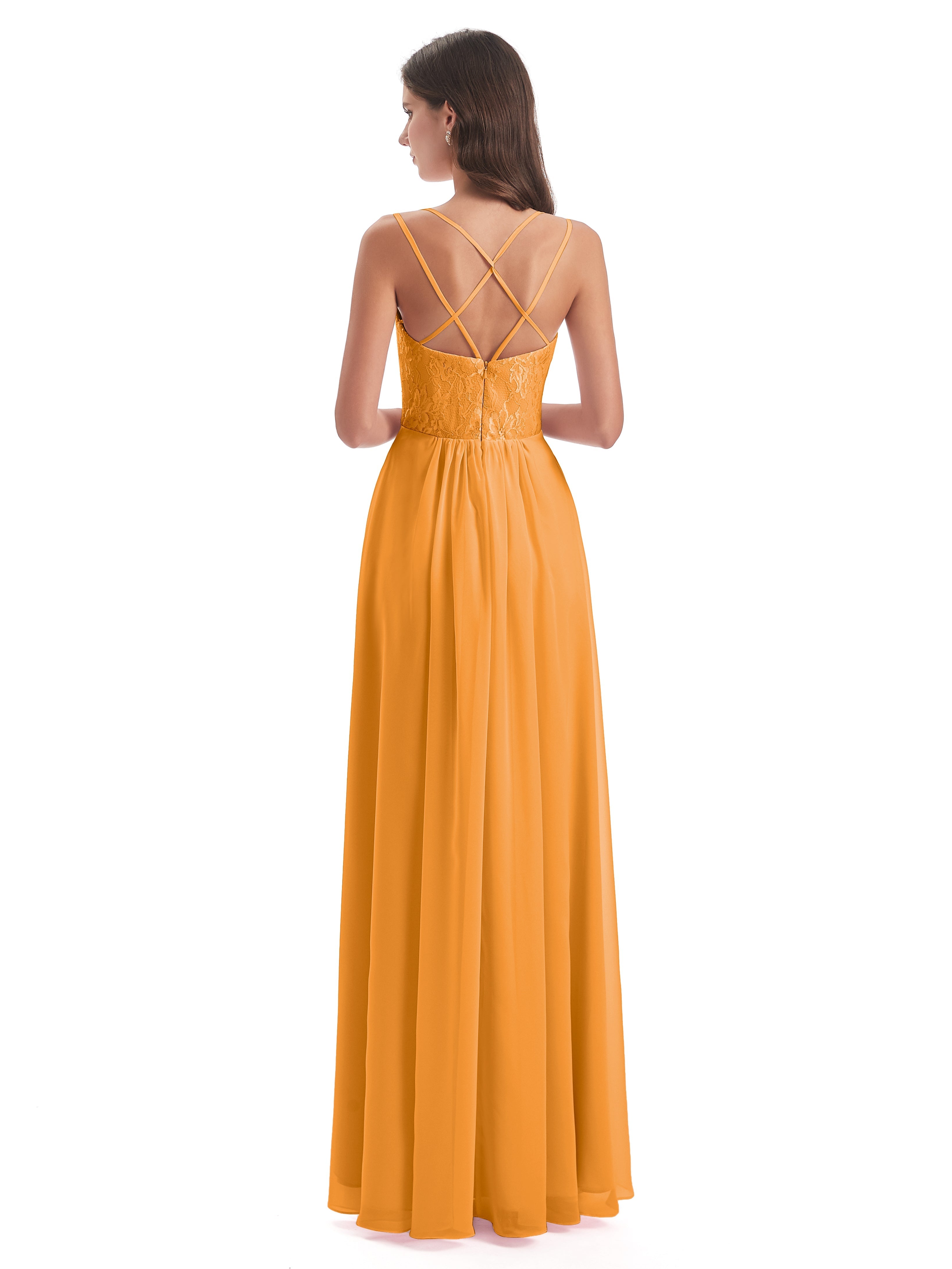 Robes De Demoiselle D'Honneur Mandarine Trapèze Bretelles Spaghetti Fendue Robes Demoiselle D'Honneur