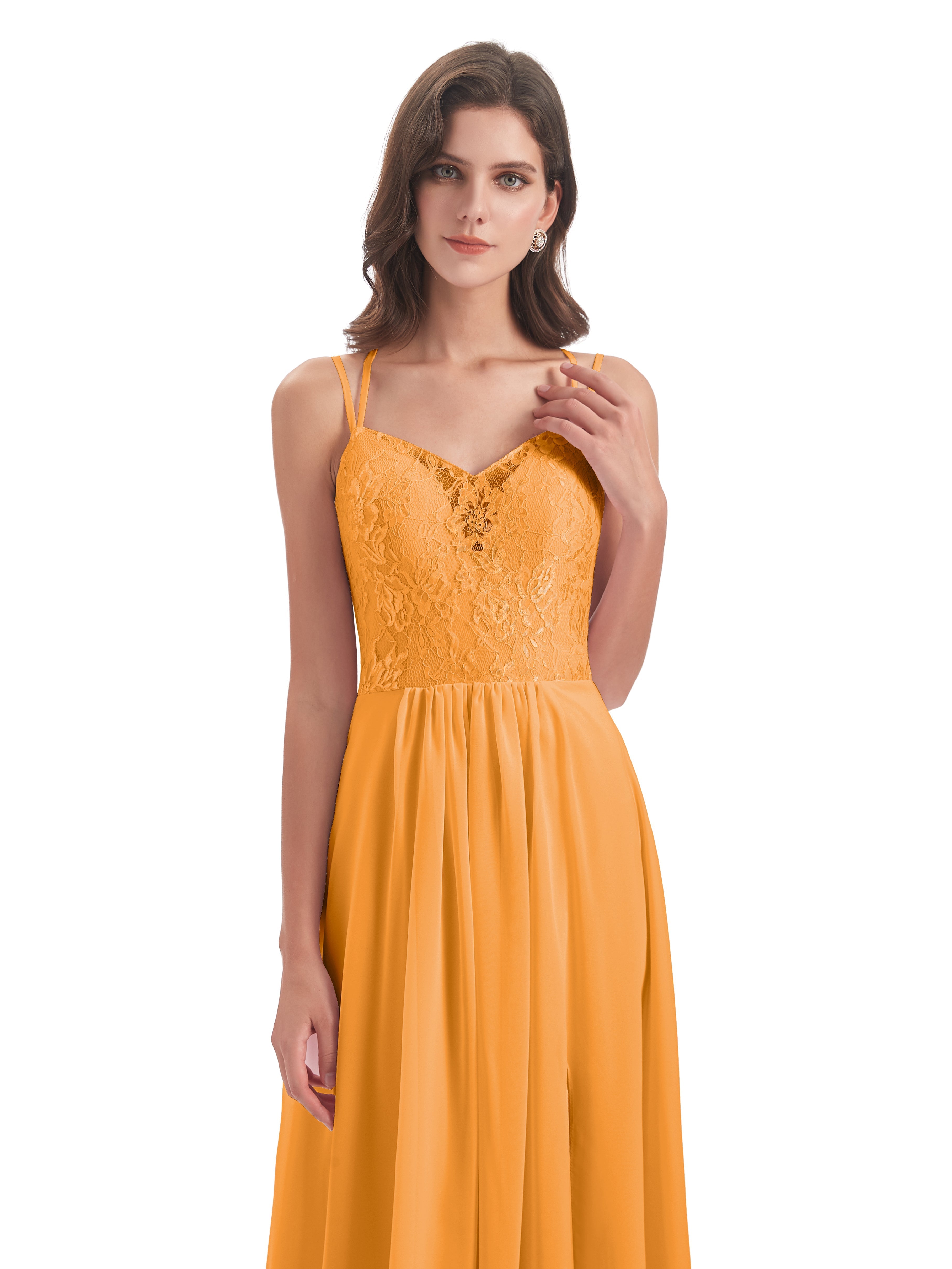 Robes De Demoiselle D'Honneur Mandarine Trapèze Bretelles Spaghetti Fendue Robes Demoiselle D'Honneur