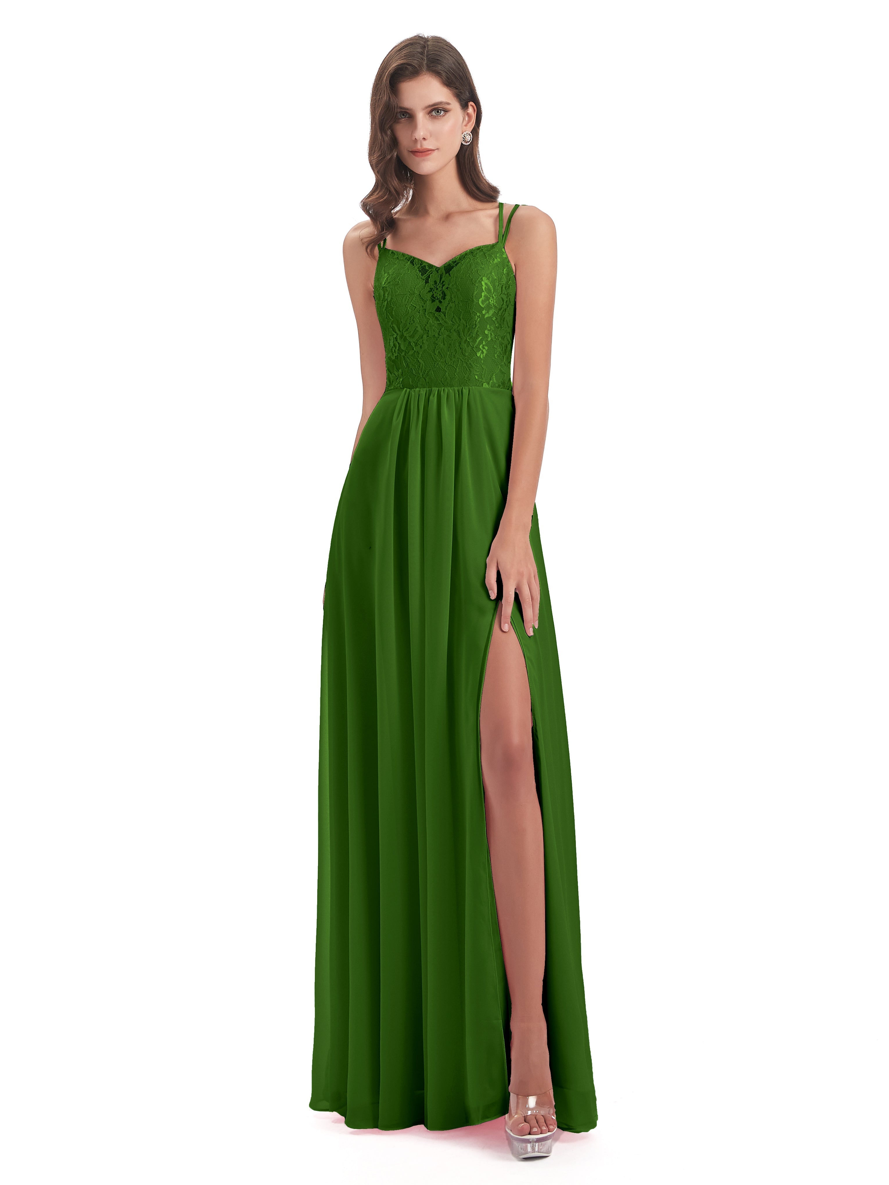Robes De Demoiselle D'Honneur Vert Mousse Trapèze Bretelles Spaghetti Fendue Robes Demoiselle D'Honneur