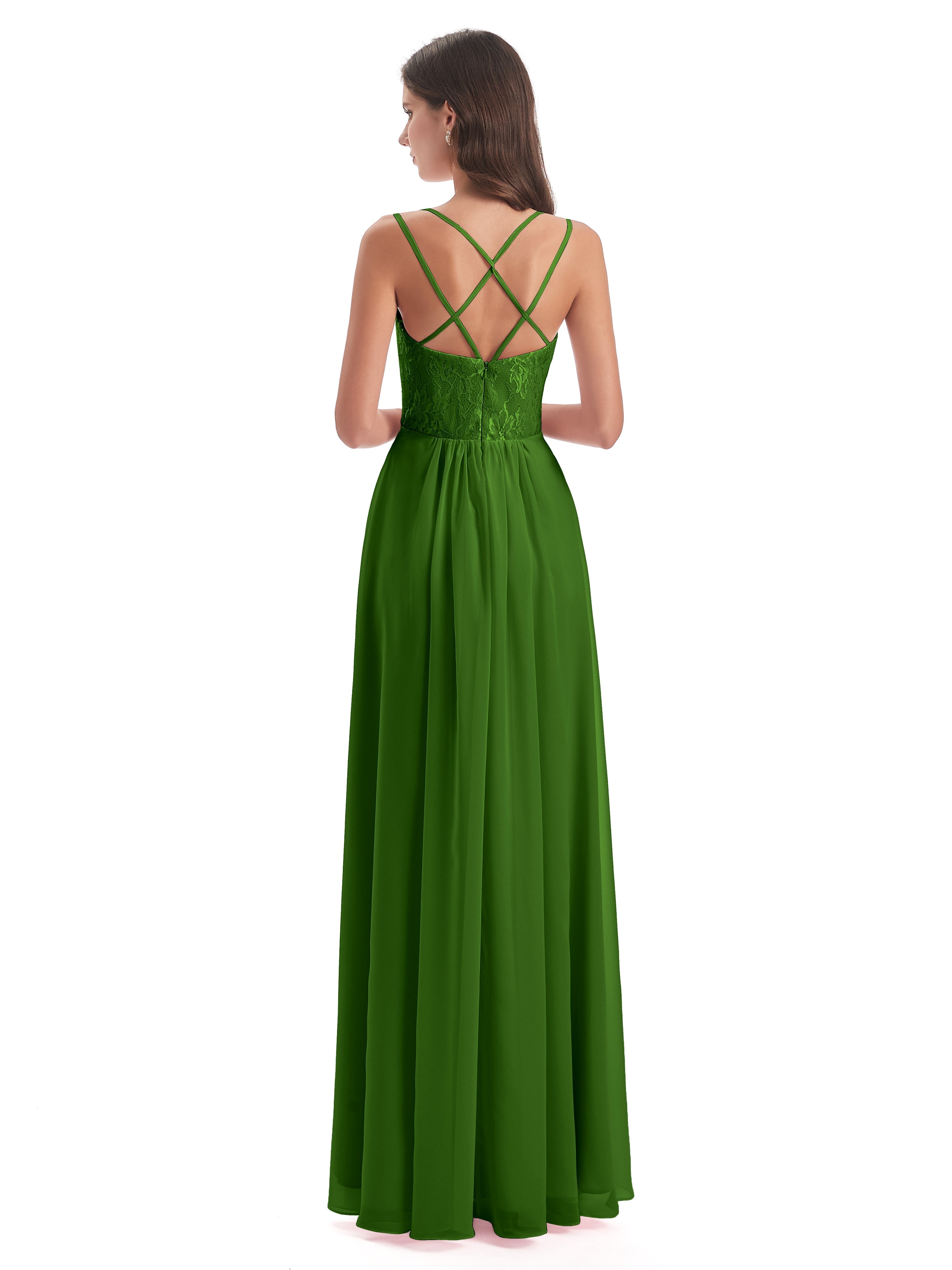 Robes De Demoiselle D'Honneur Vert Mousse Trapèze Bretelles Spaghetti Fendue Robes Demoiselle D'Honneur