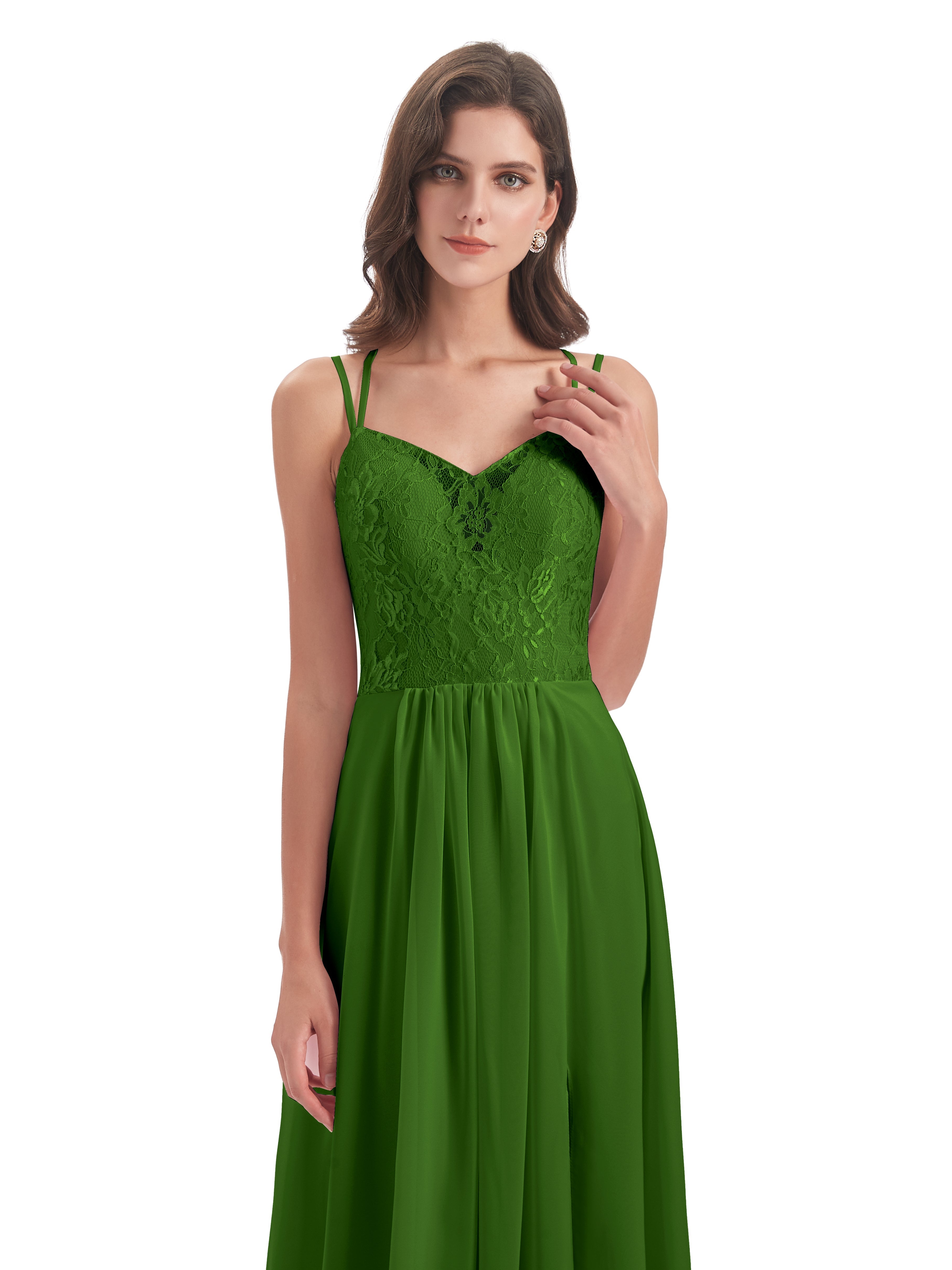 Robes De Demoiselle D'Honneur Vert Mousse Trapèze Bretelles Spaghetti Fendue Robes Demoiselle D'Honneur