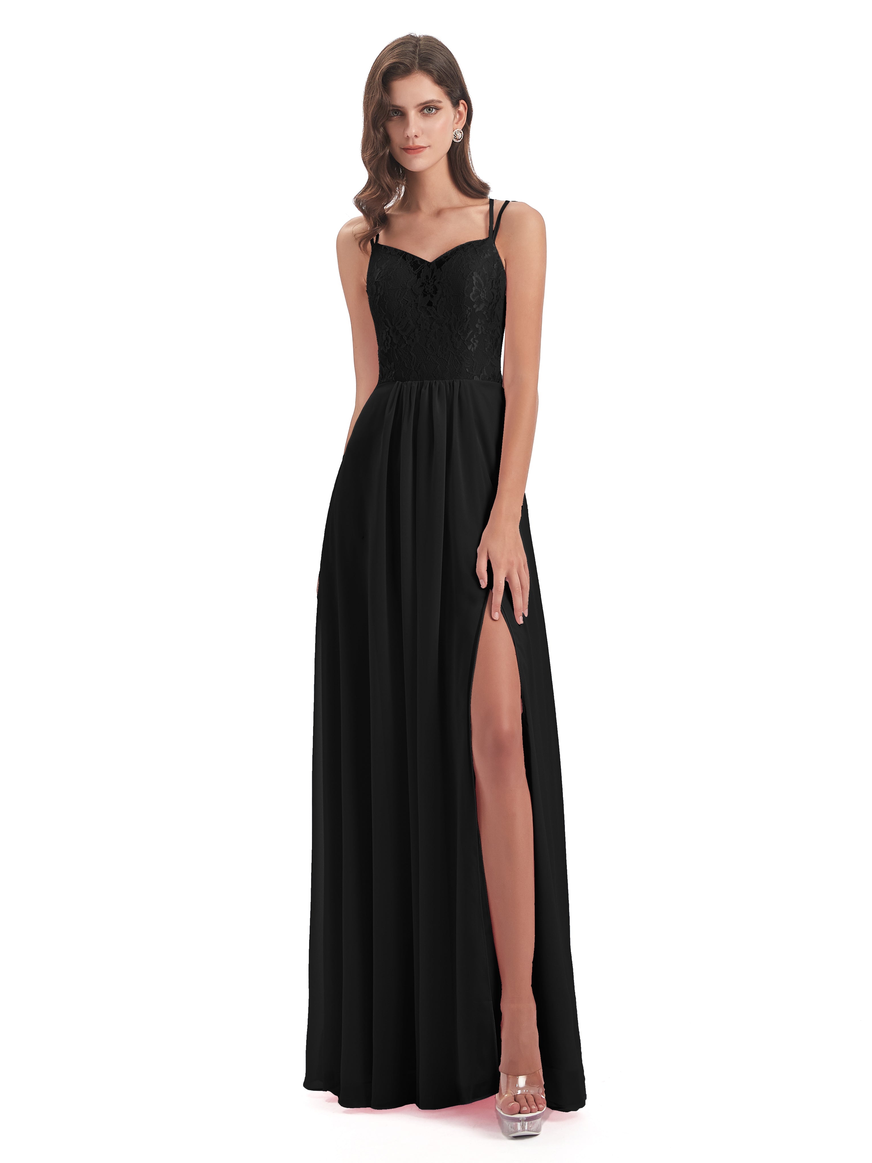Longues Robes De Demoiselle D'Honneur Noires Trapèze Bretelles Spaghetti Fendue Robes Demoiselle D'Honneur