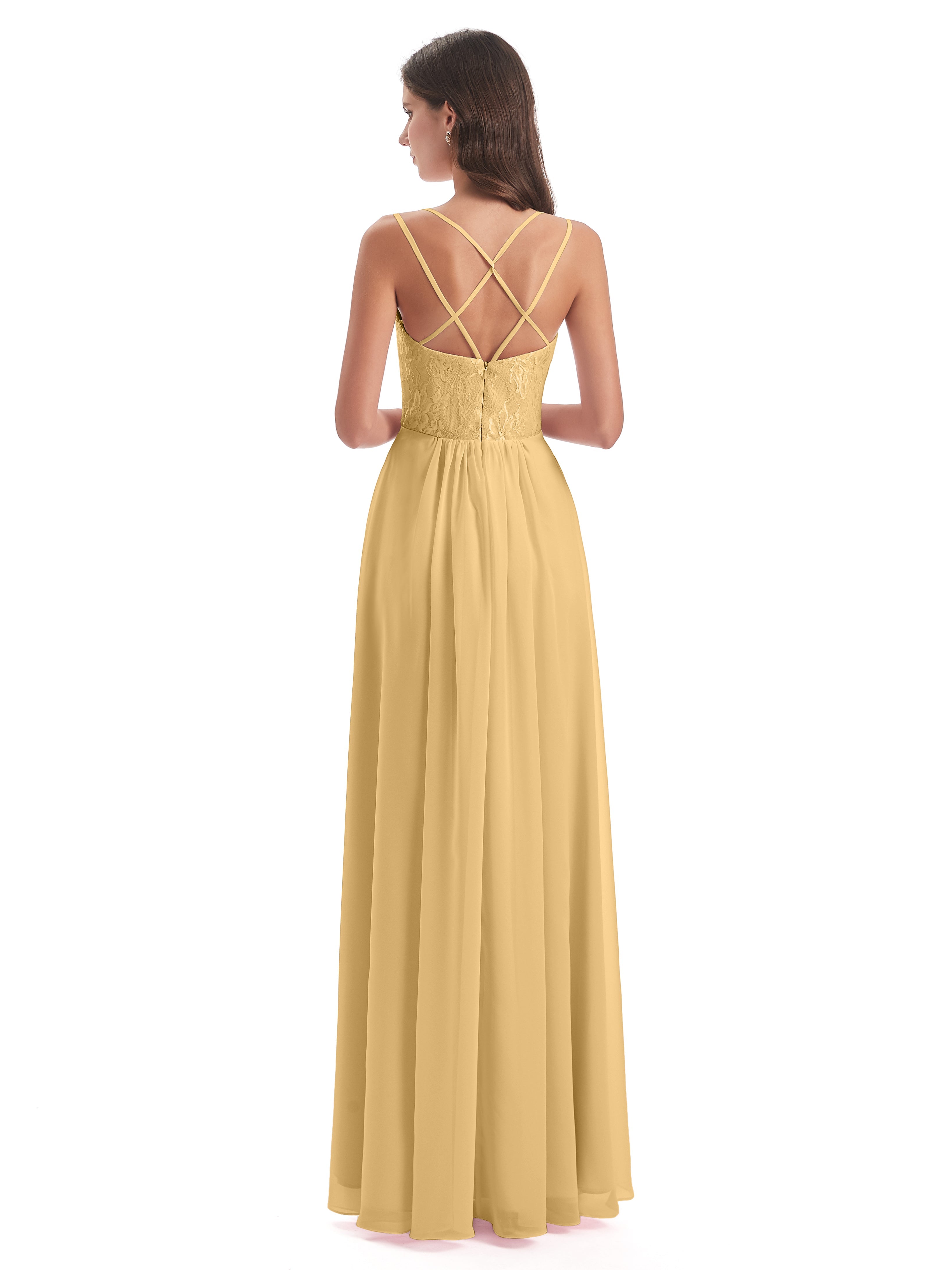 Robe De Demoiselle D Honneur Or Trapèze Bretelles Spaghetti Fendue Robes Demoiselle D'Honneur