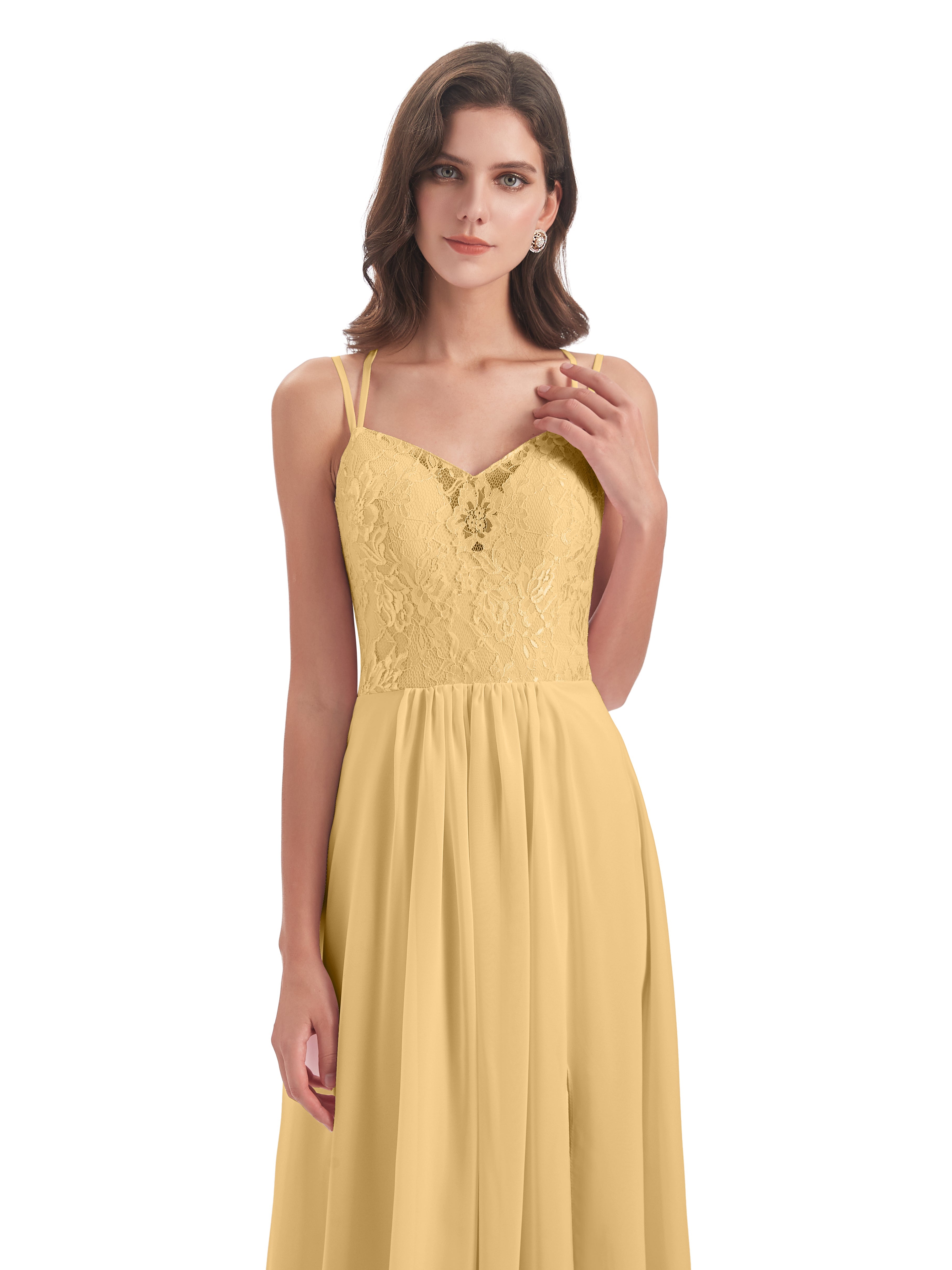 Robe De Demoiselle D Honneur Or Trapèze Bretelles Spaghetti Fendue Robes Demoiselle D'Honneur