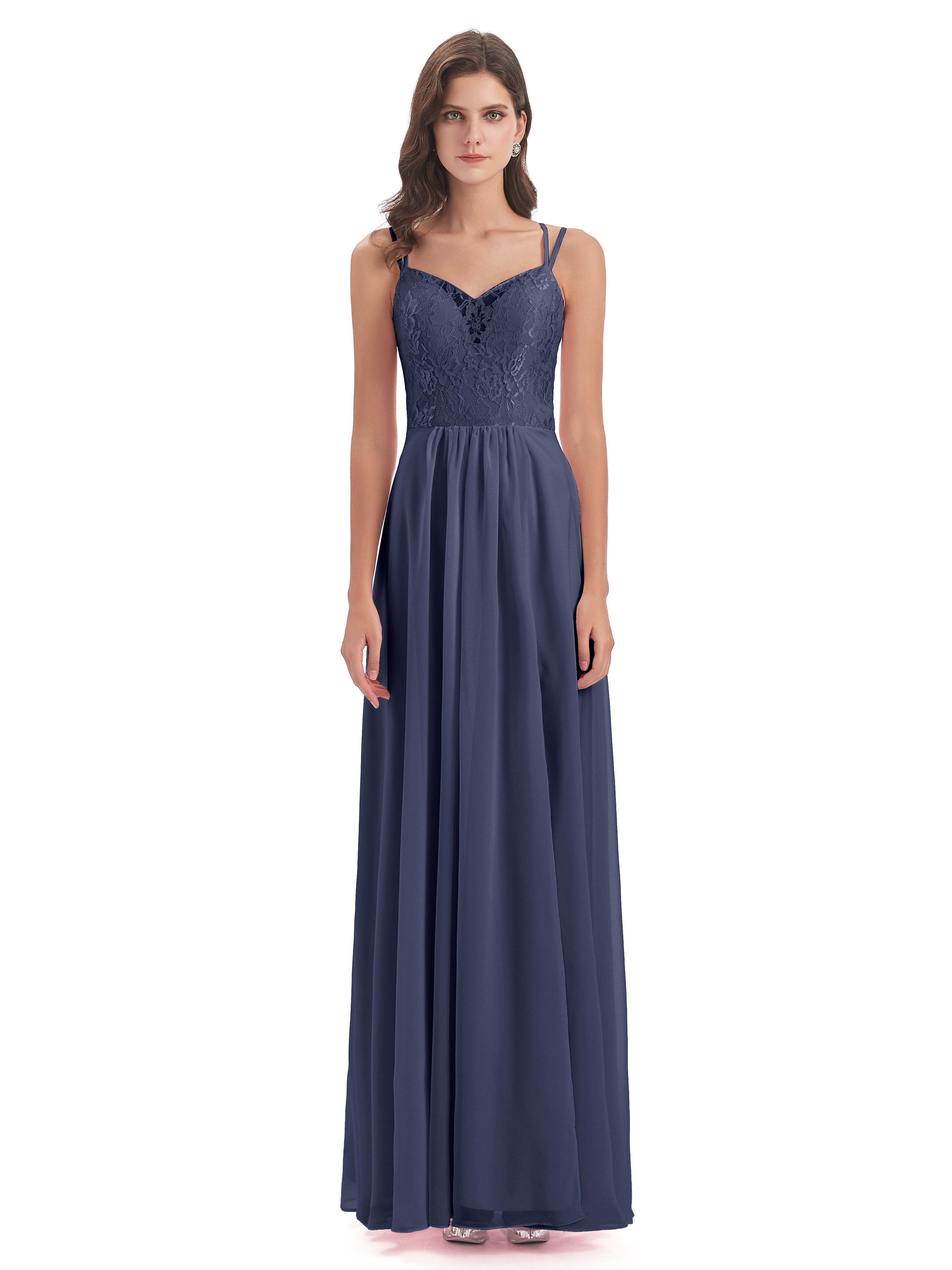Robes De Demoiselle D'Honneur Bleu Orageux Trapèze Bretelles Spaghetti Fendue Robes Demoiselle D'Honneur
