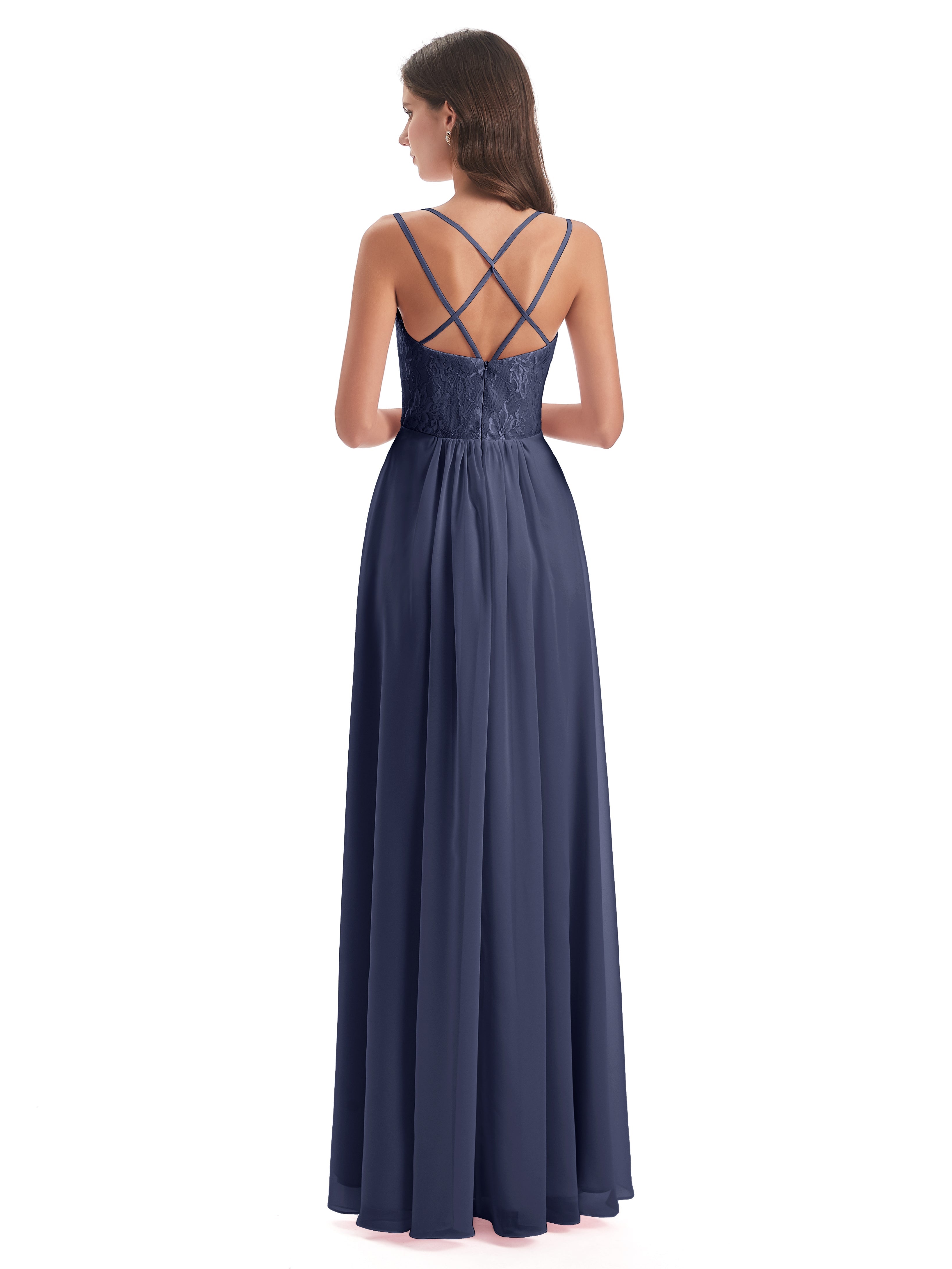 Robes De Demoiselle D'Honneur Bleu Orageux Trapèze Bretelles Spaghetti Fendue Robes Demoiselle D'Honneur