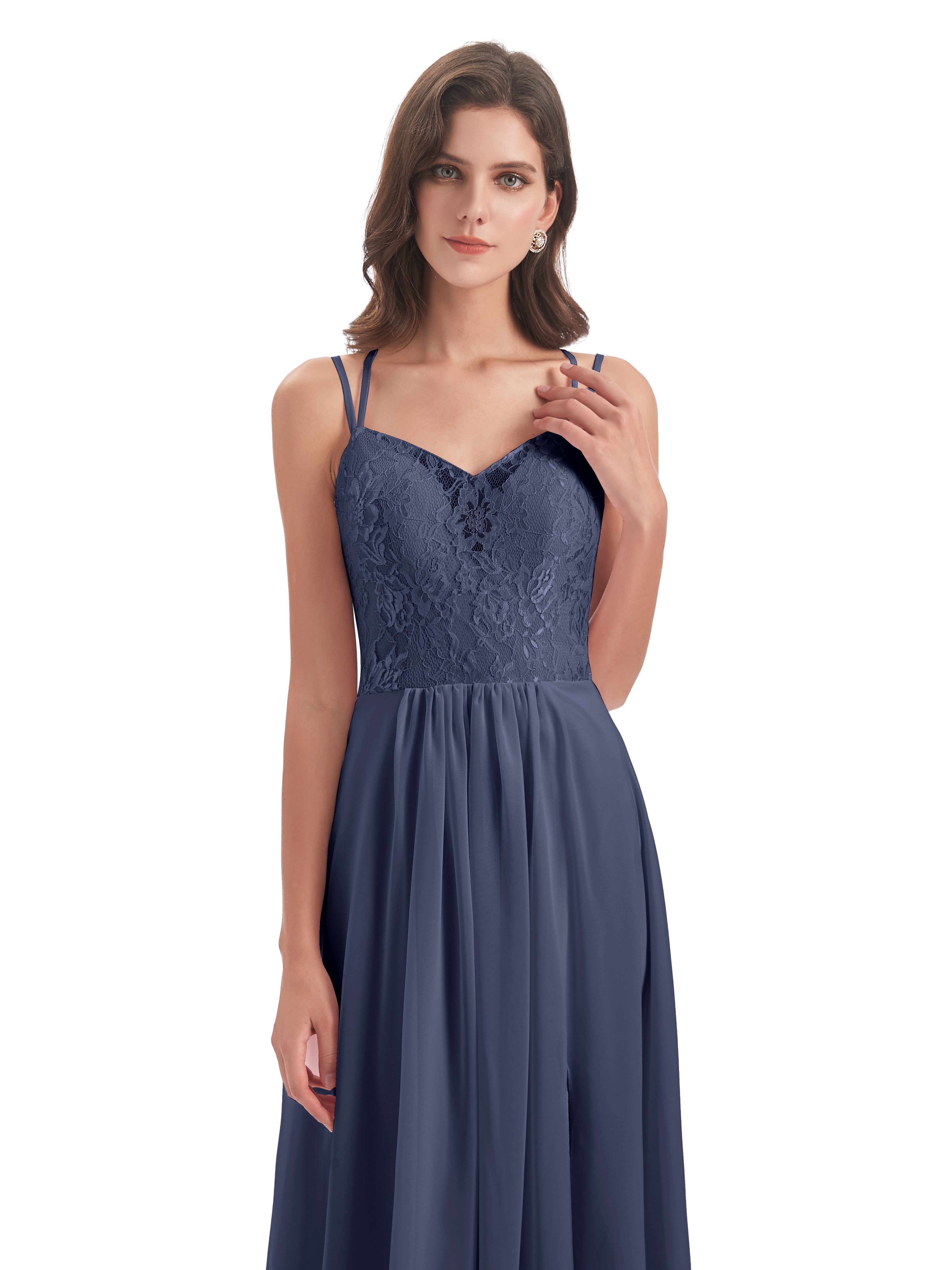 Robes De Demoiselle D'Honneur Bleu Orageux Trapèze Bretelles Spaghetti Fendue Robes Demoiselle D'Honneur