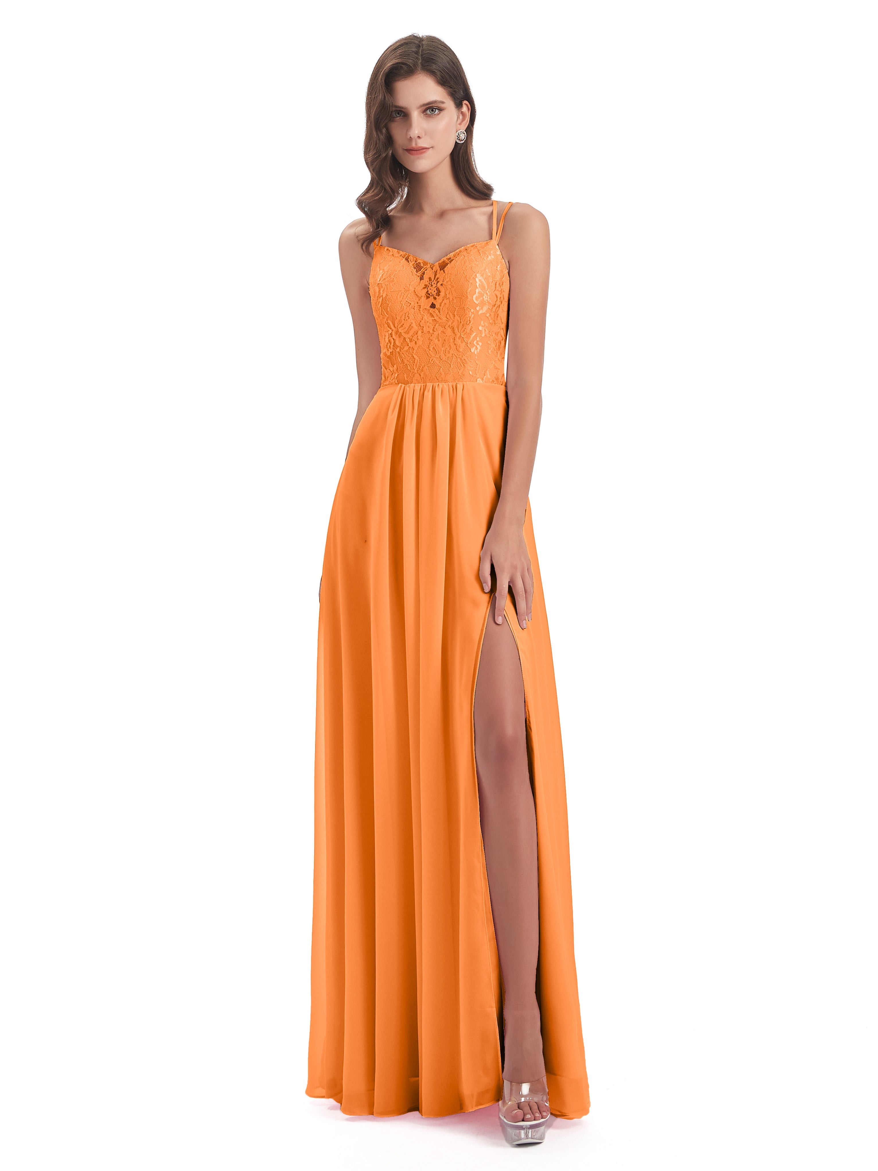 Robe Mousseline Orange Trapèze Bretelles Spaghetti Fendue Robes Demoiselle D'Honneur