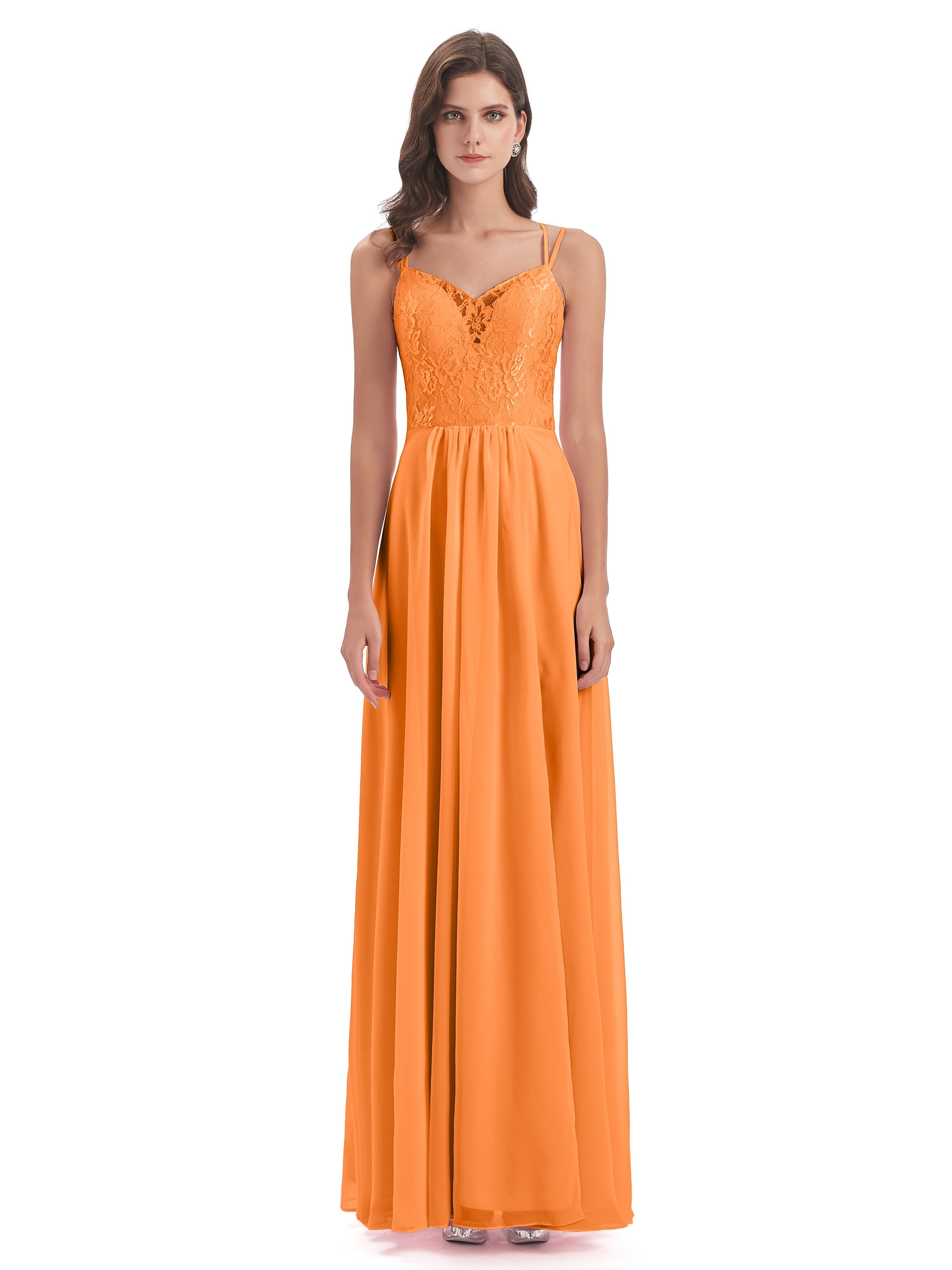 Robe Mousseline Orange Trapèze Bretelles Spaghetti Fendue Robes Demoiselle D'Honneur