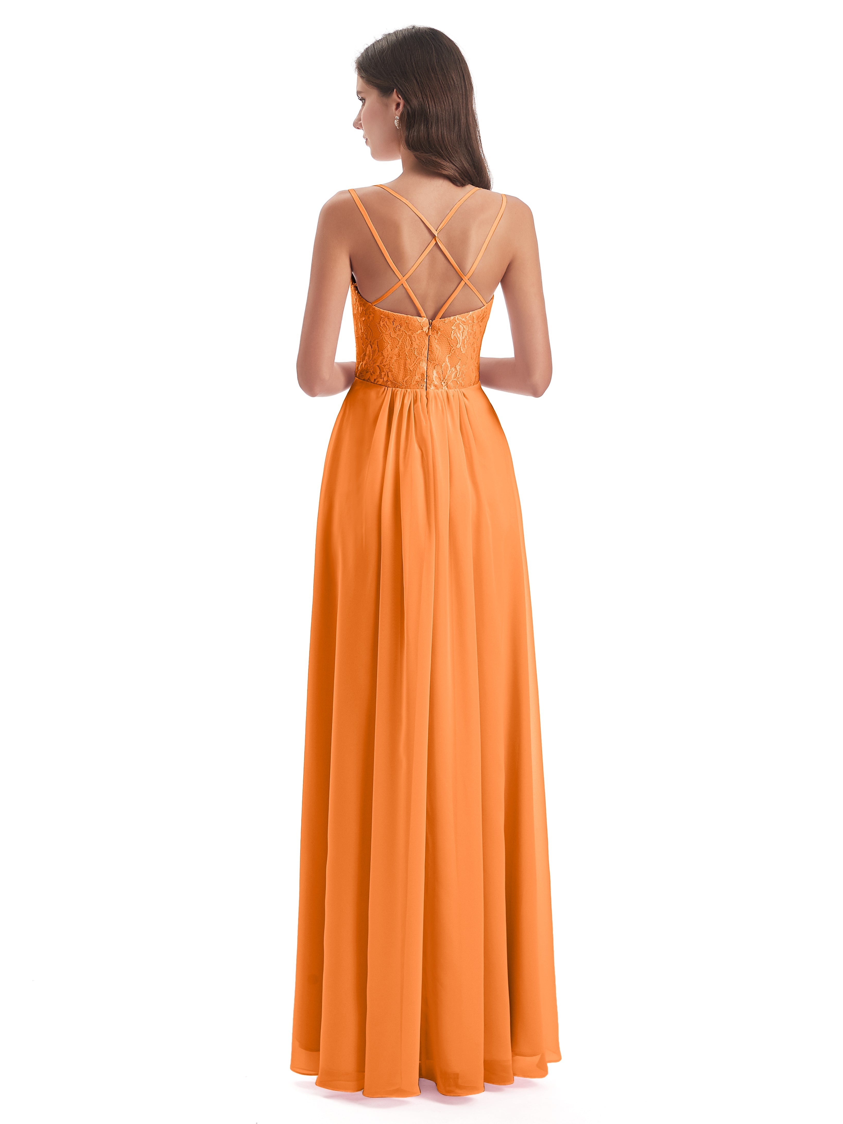 Robe Mousseline Orange Trapèze Bretelles Spaghetti Fendue Robes Demoiselle D'Honneur