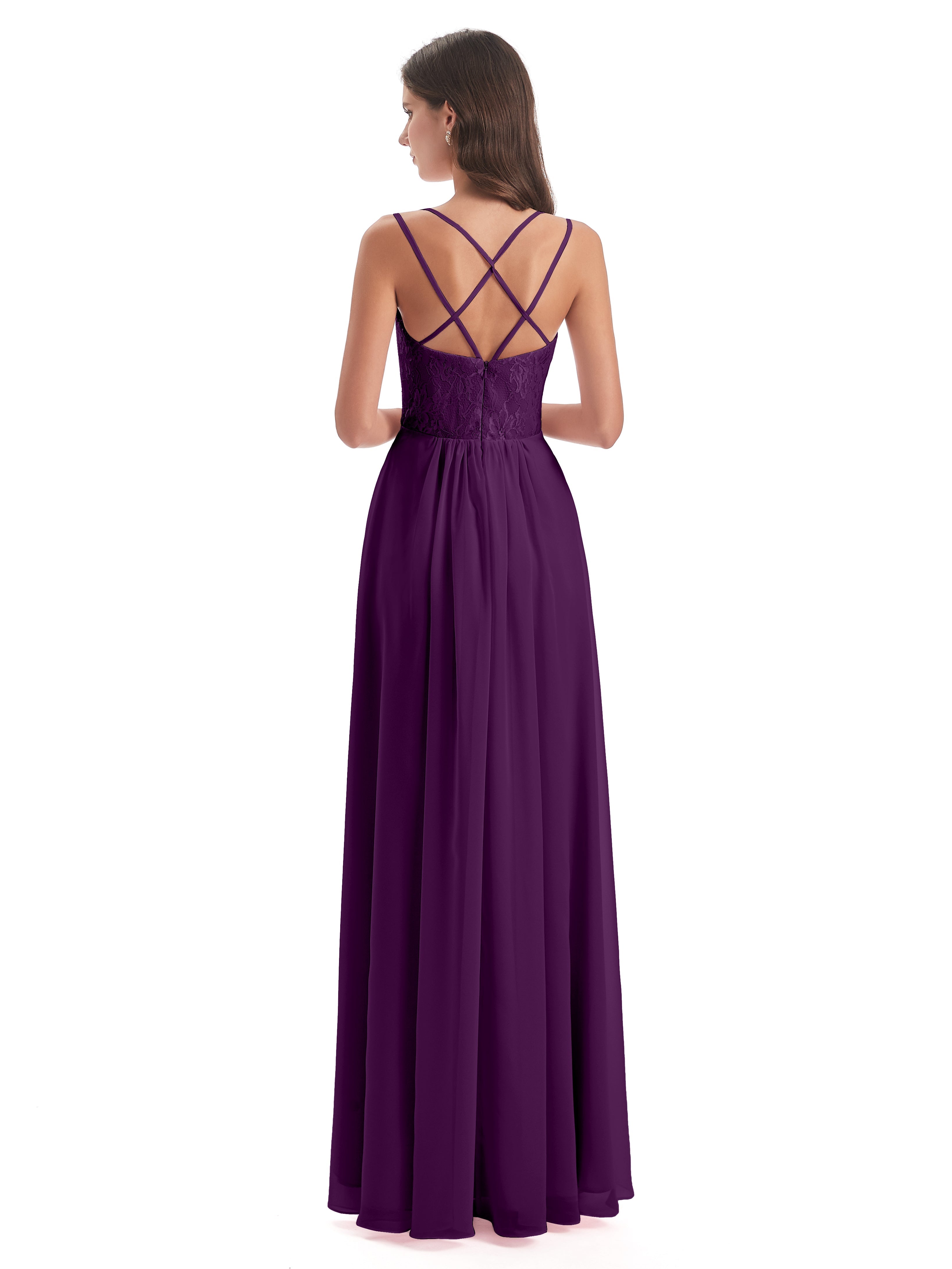 Robes De Demoiselle D'Honneur En Raisin Trapèze Bretelles Spaghetti Fendue Robes Demoiselle D'Honneur
