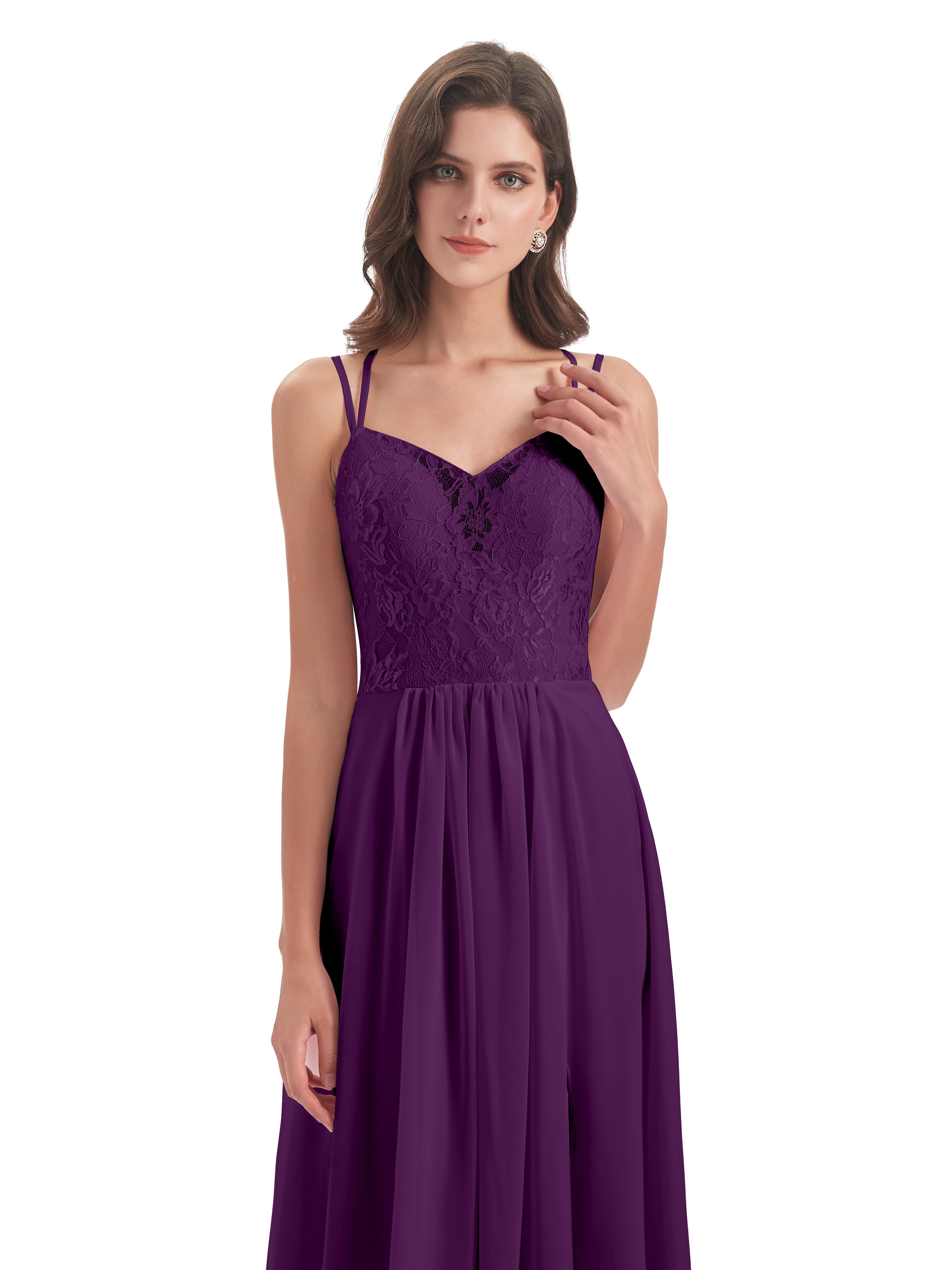 Robes De Demoiselle D'Honneur En Raisin Trapèze Bretelles Spaghetti Fendue Robes Demoiselle D'Honneur