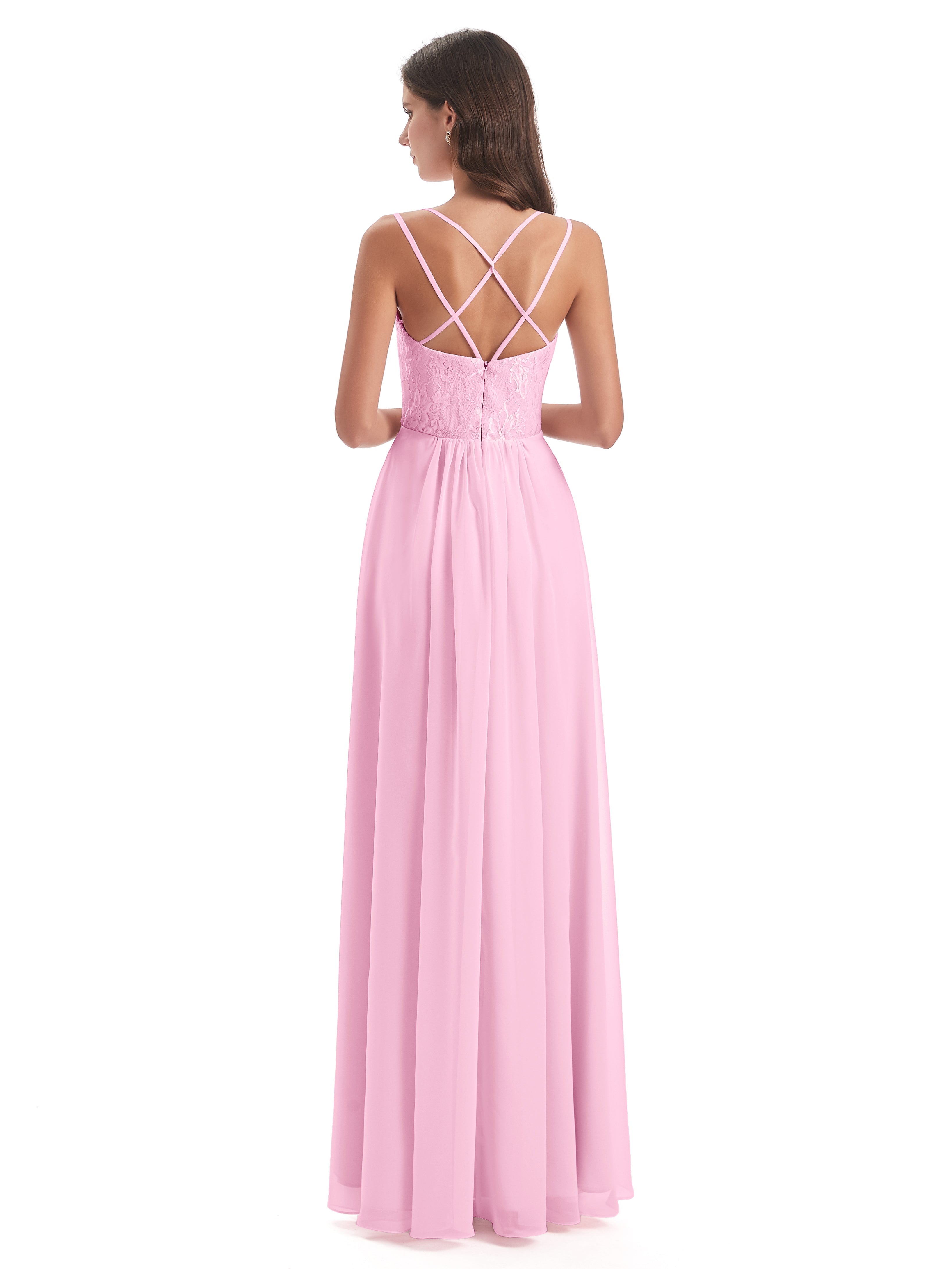 Robes De Demoiselle D'Honneur Rose Bonbon Trapèze Bretelles Spaghetti Fendue Robes Demoiselle D'Honneur