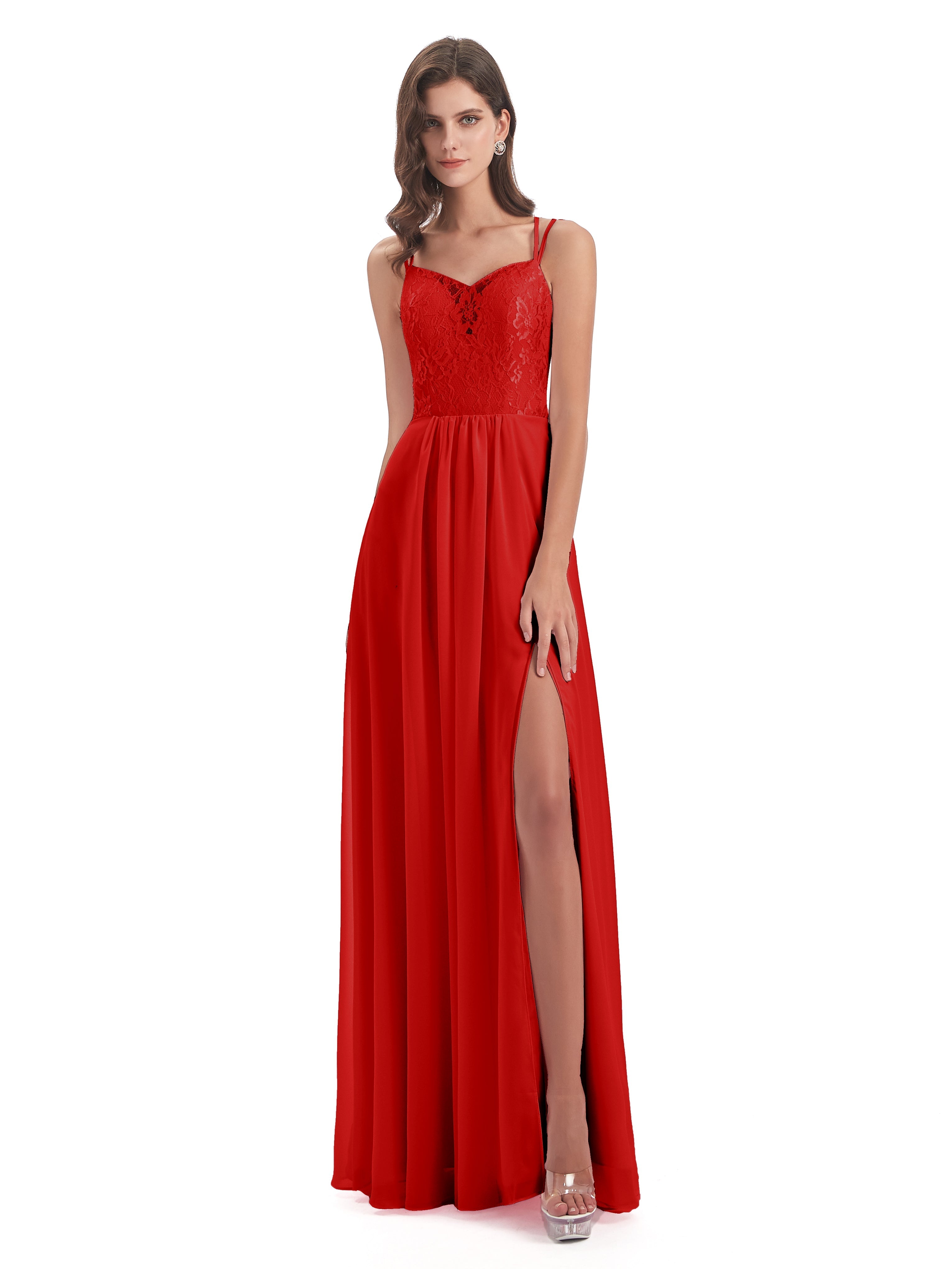 Robe De Demoiselle D Honneur Rouge Trapèze Bretelles Spaghetti Fendue Robes Demoiselle D'Honneur