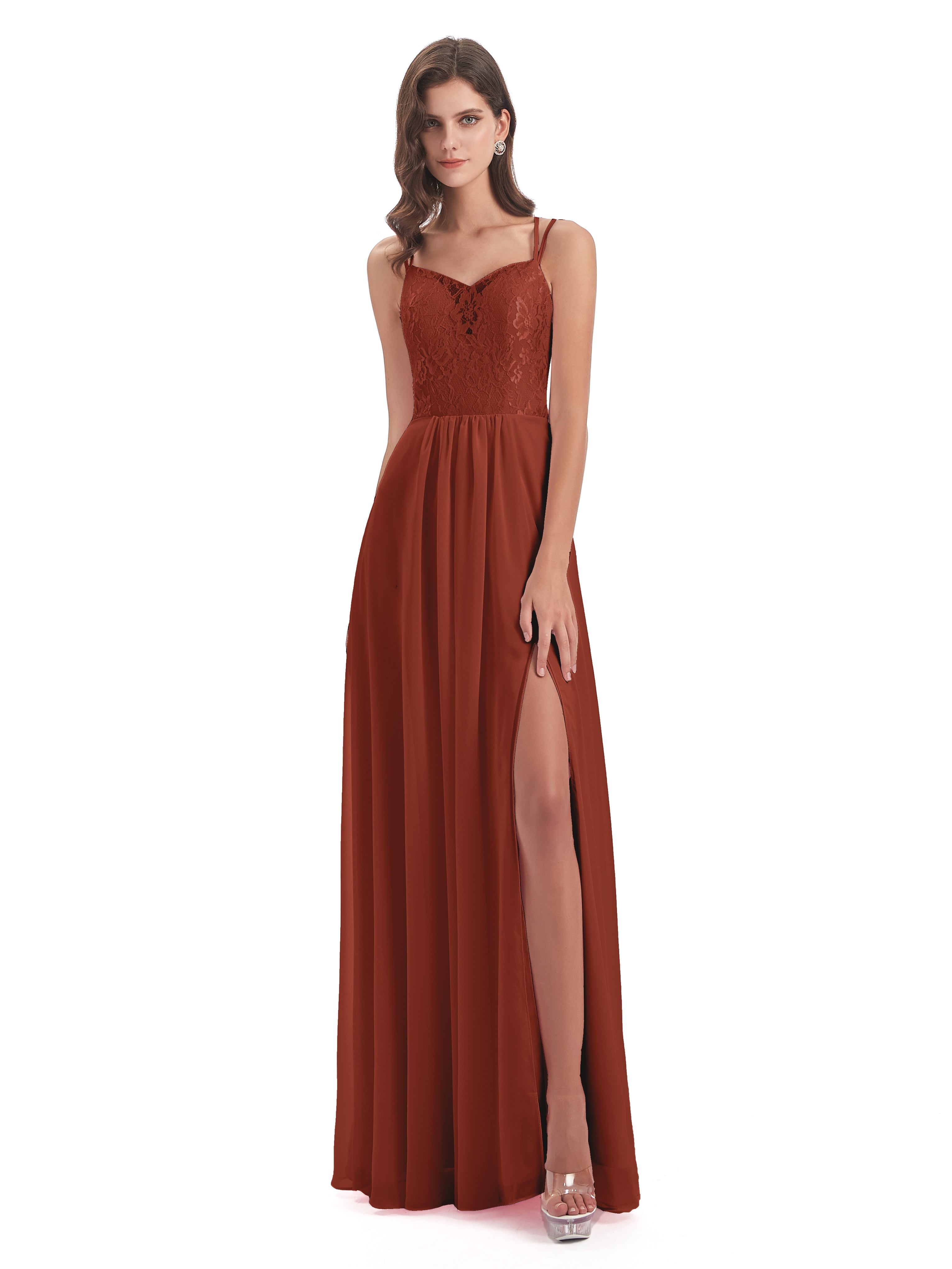 Longues Robes De Demoiselle D'Honneur De Rouille Trapèze Bretelles Spaghetti Fendue Robes Demoiselle D'Honneur