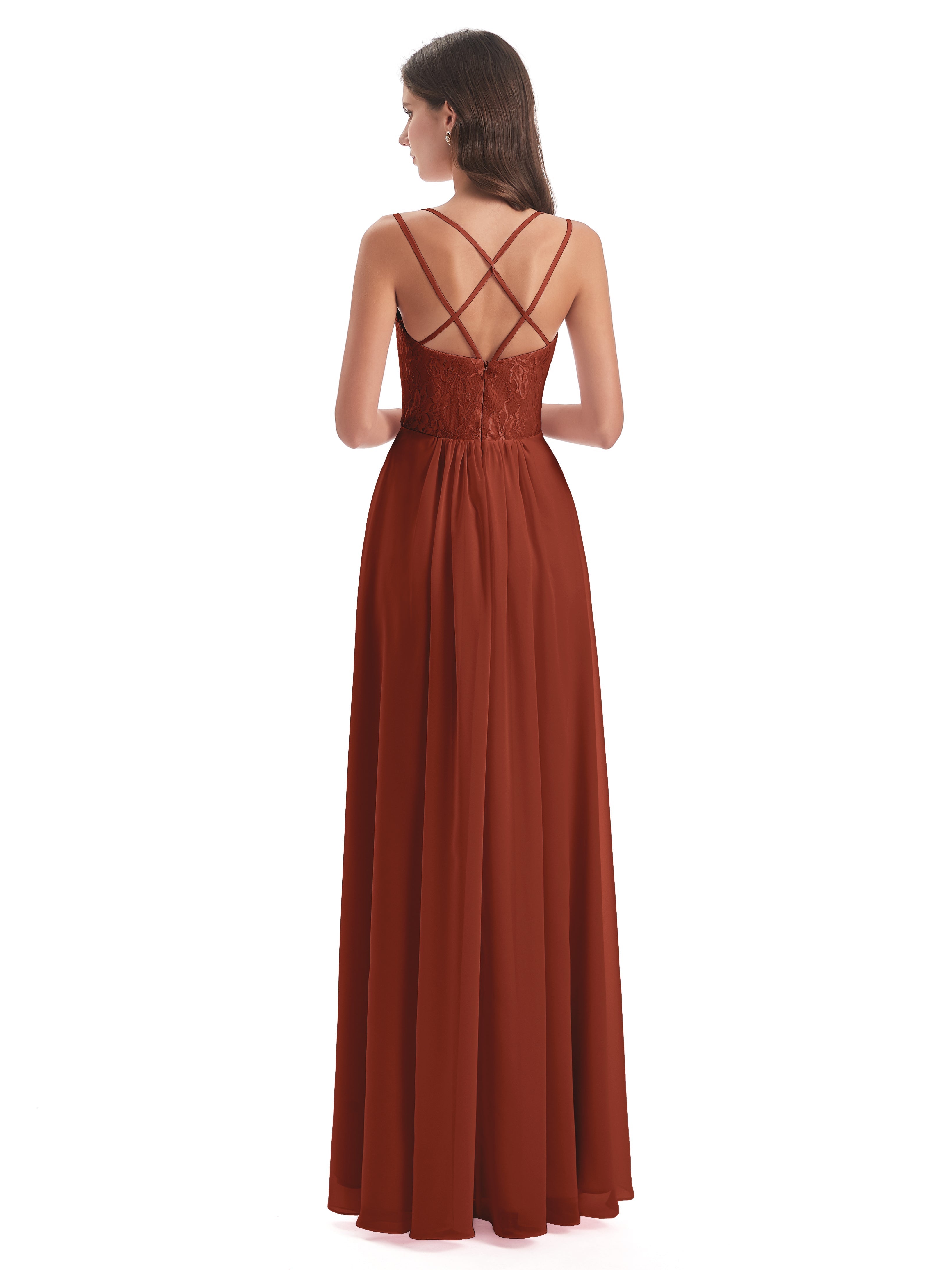 Longues Robes De Demoiselle D'Honneur De Rouille Trapèze Bretelles Spaghetti Fendue Robes Demoiselle D'Honneur