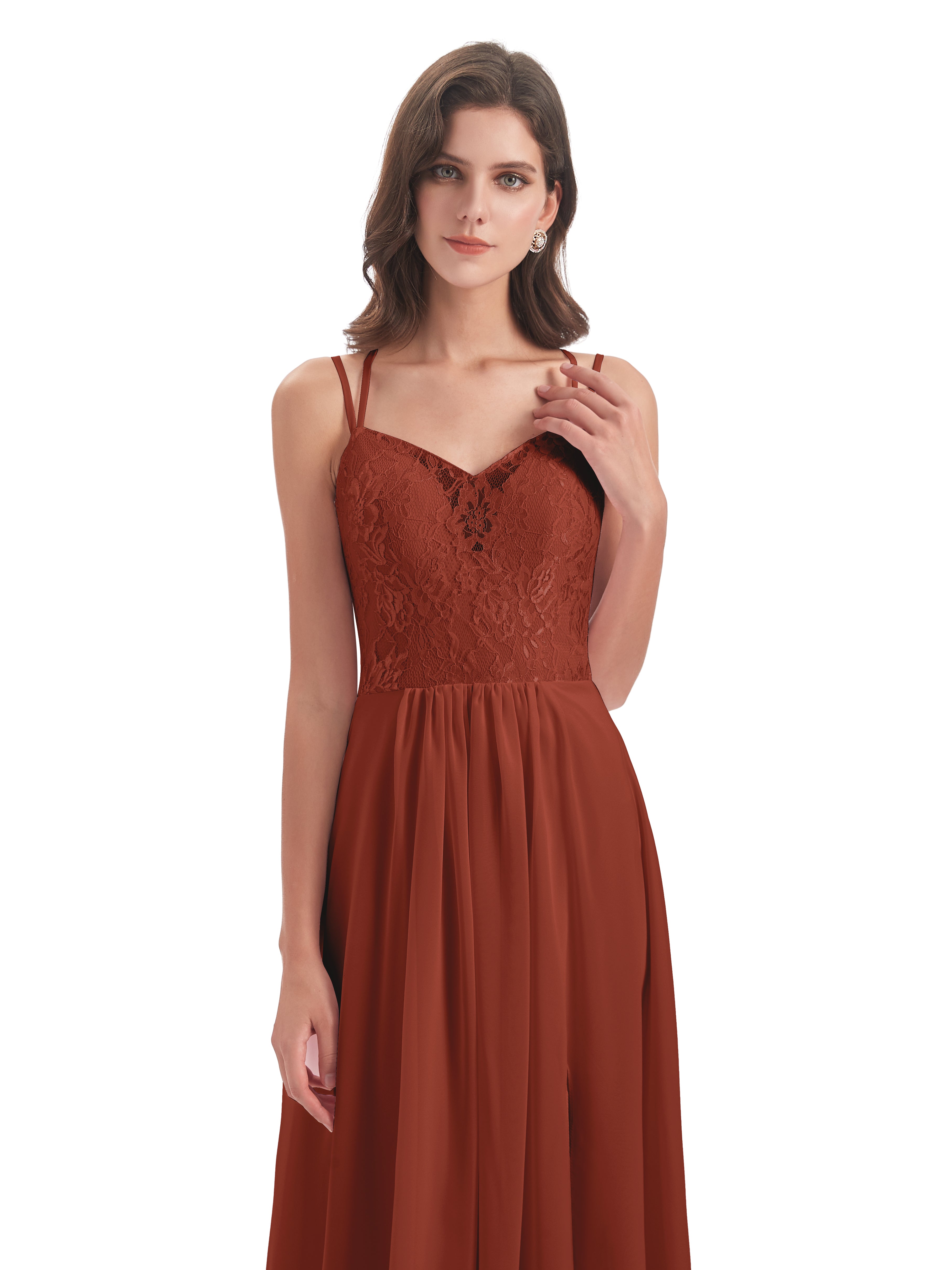 Longues Robes De Demoiselle D'Honneur De Rouille Trapèze Bretelles Spaghetti Fendue Robes Demoiselle D'Honneur