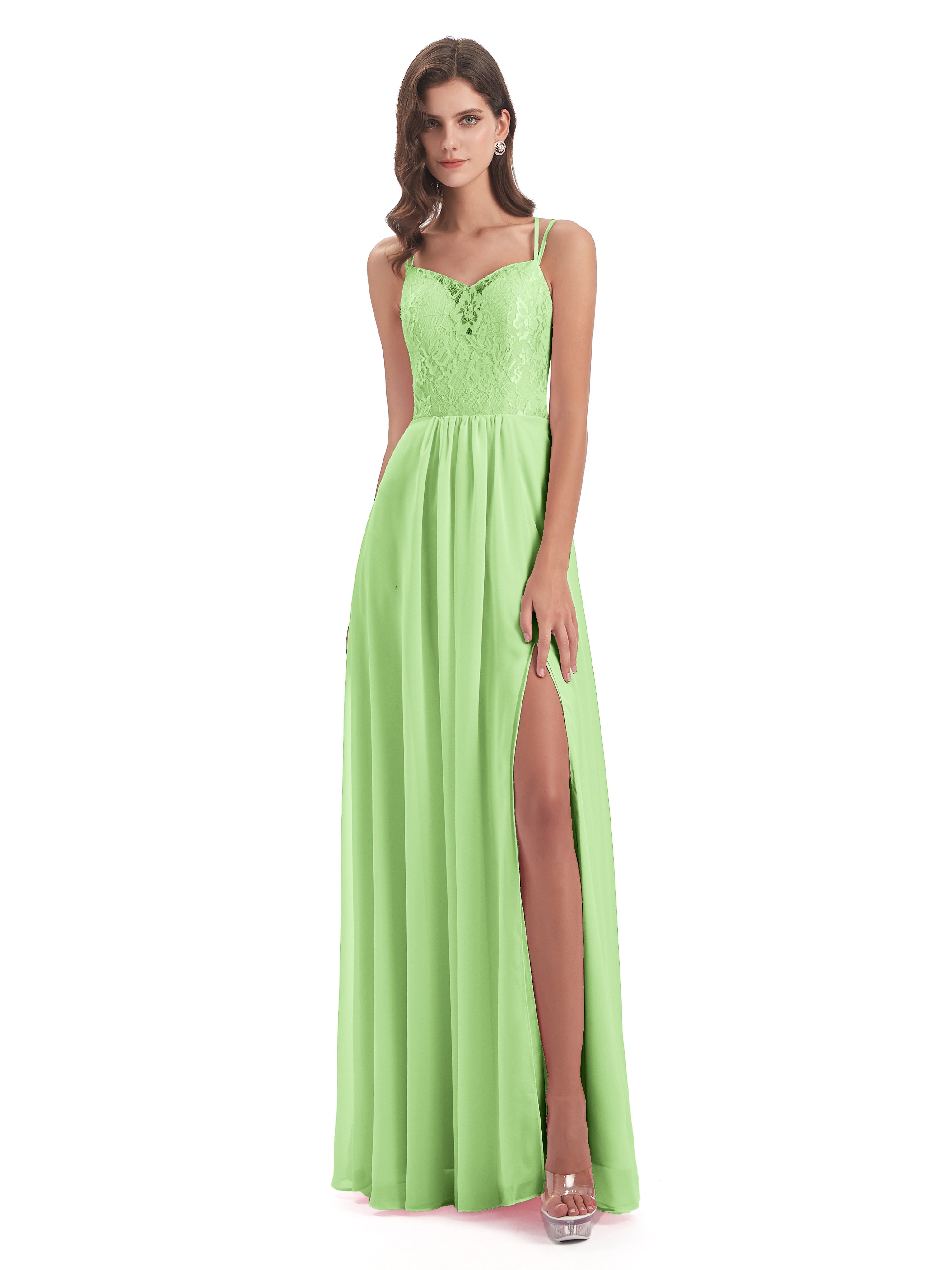 Demoiselle D'Honneur Vert Sauge Trapèze Bretelles Spaghetti Fendue Robes Demoiselle D'Honneur