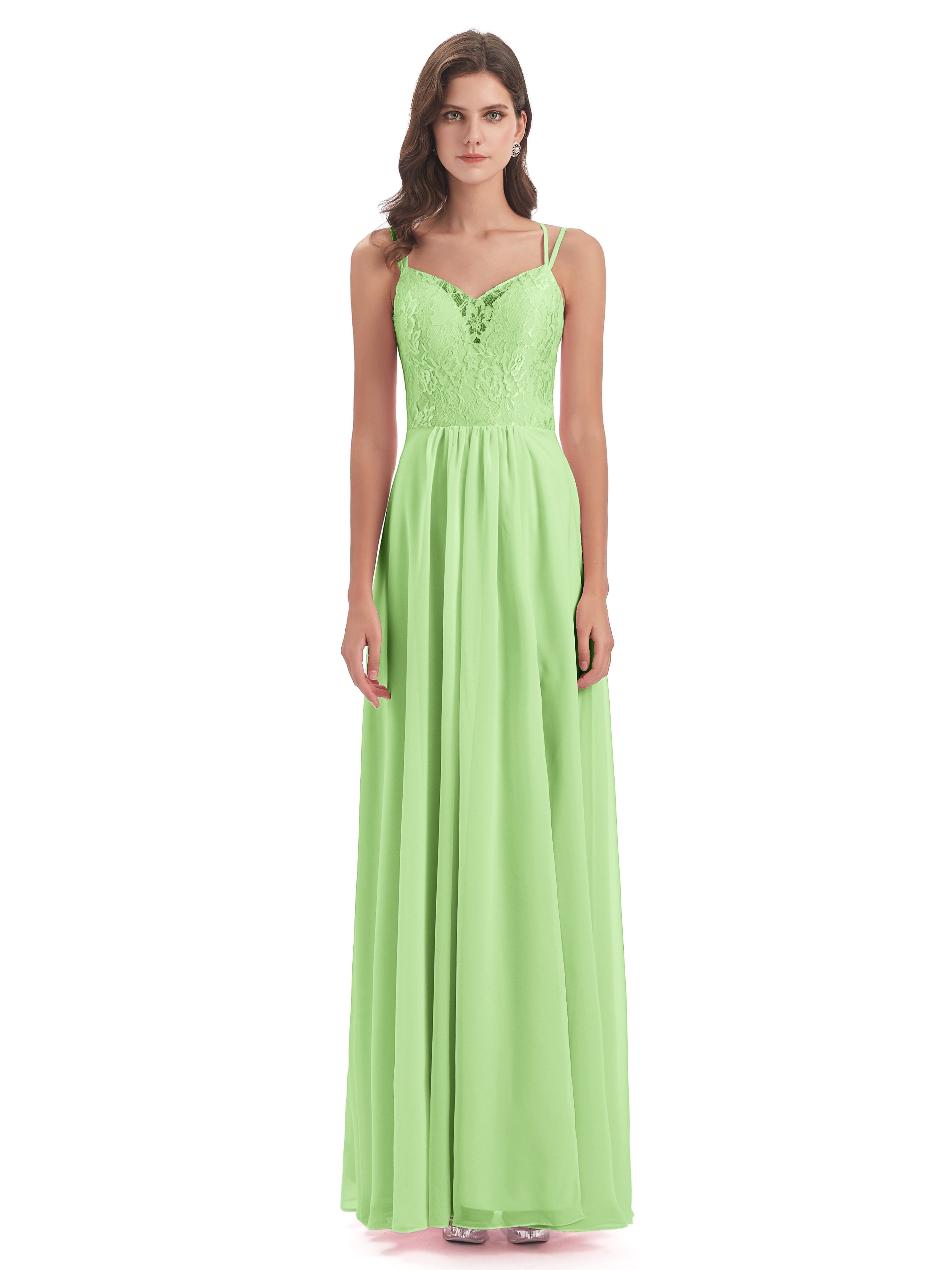 Demoiselle D'Honneur Vert Sauge Trapèze Bretelles Spaghetti Fendue Robes Demoiselle D'Honneur