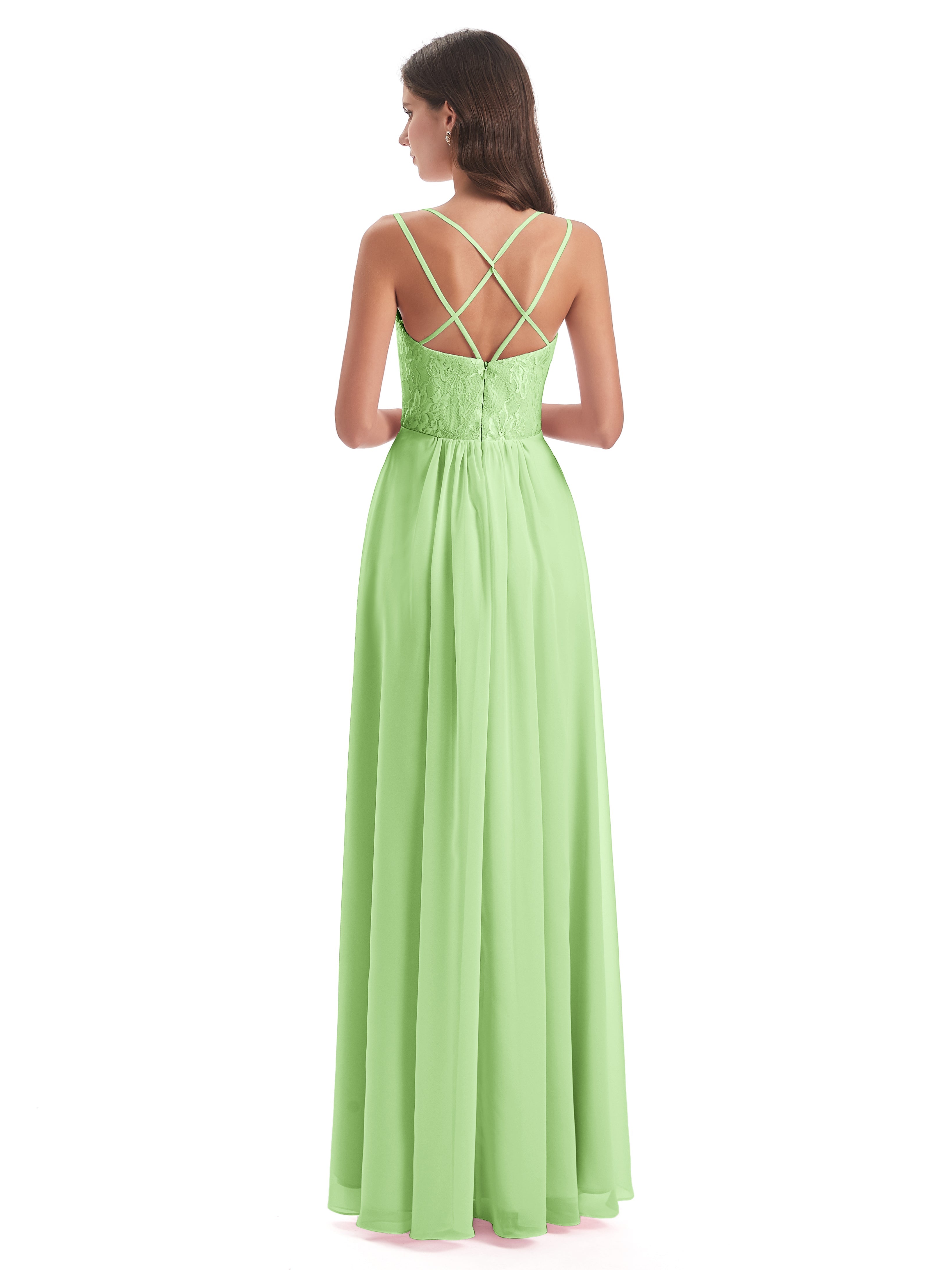 Demoiselle D'Honneur Vert Sauge Trapèze Bretelles Spaghetti Fendue Robes Demoiselle D'Honneur