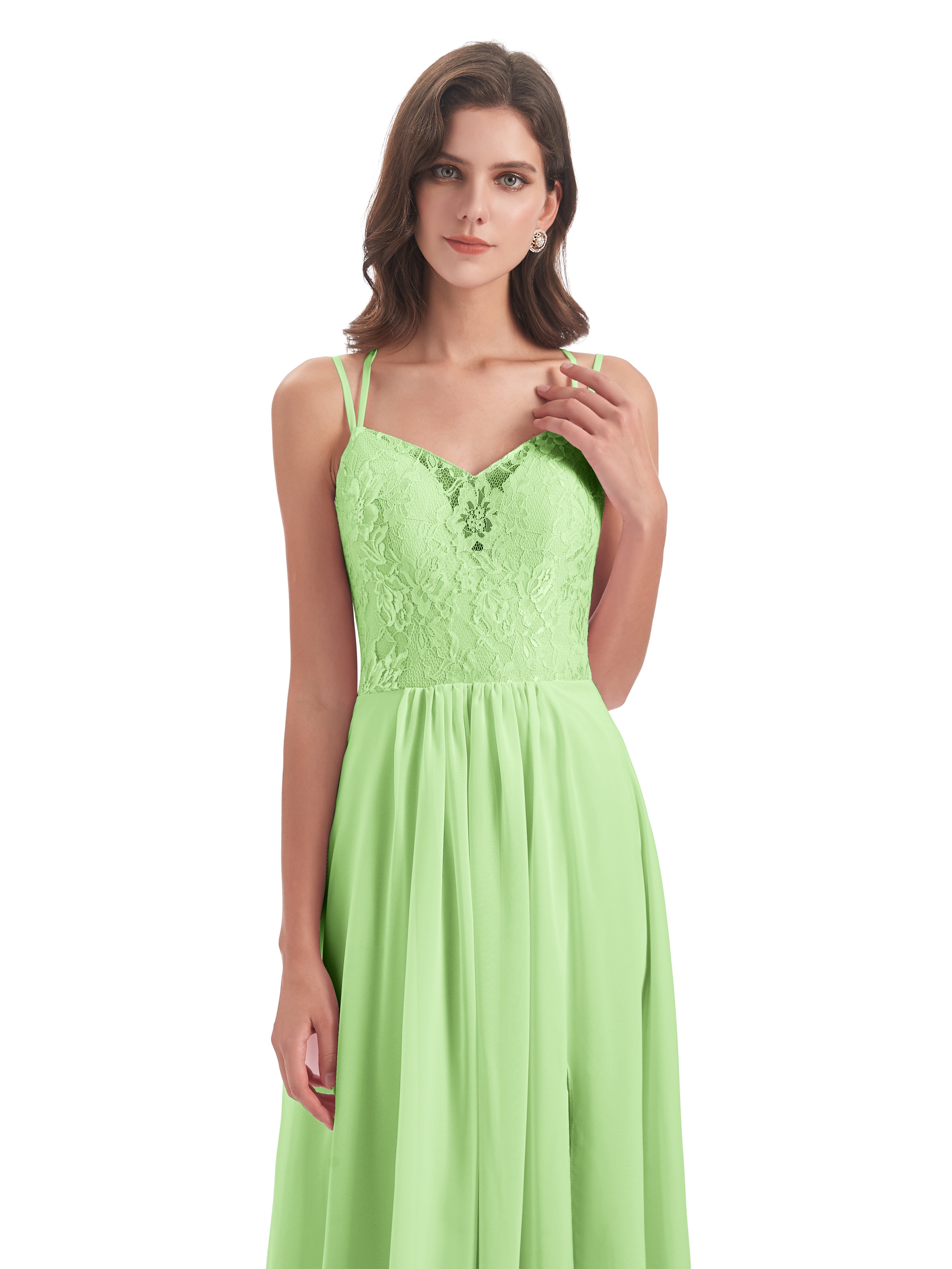 Demoiselle D'Honneur Vert Sauge Trapèze Bretelles Spaghetti Fendue Robes Demoiselle D'Honneur