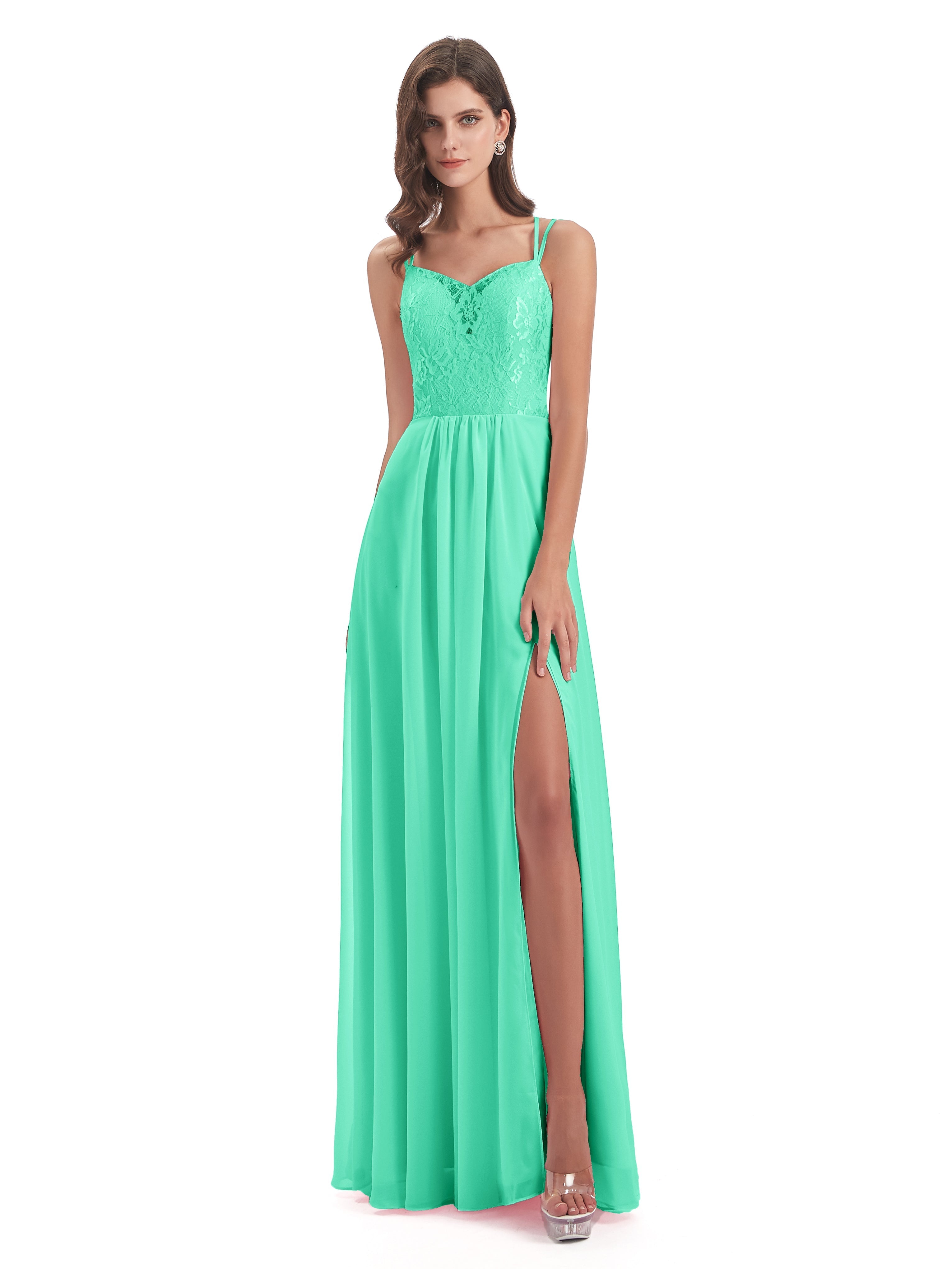 Demoiselle Dhonneur Robe Bleu Turquoise Trapèze Bretelles Spaghetti Fendue Robes Demoiselle D'Honneur