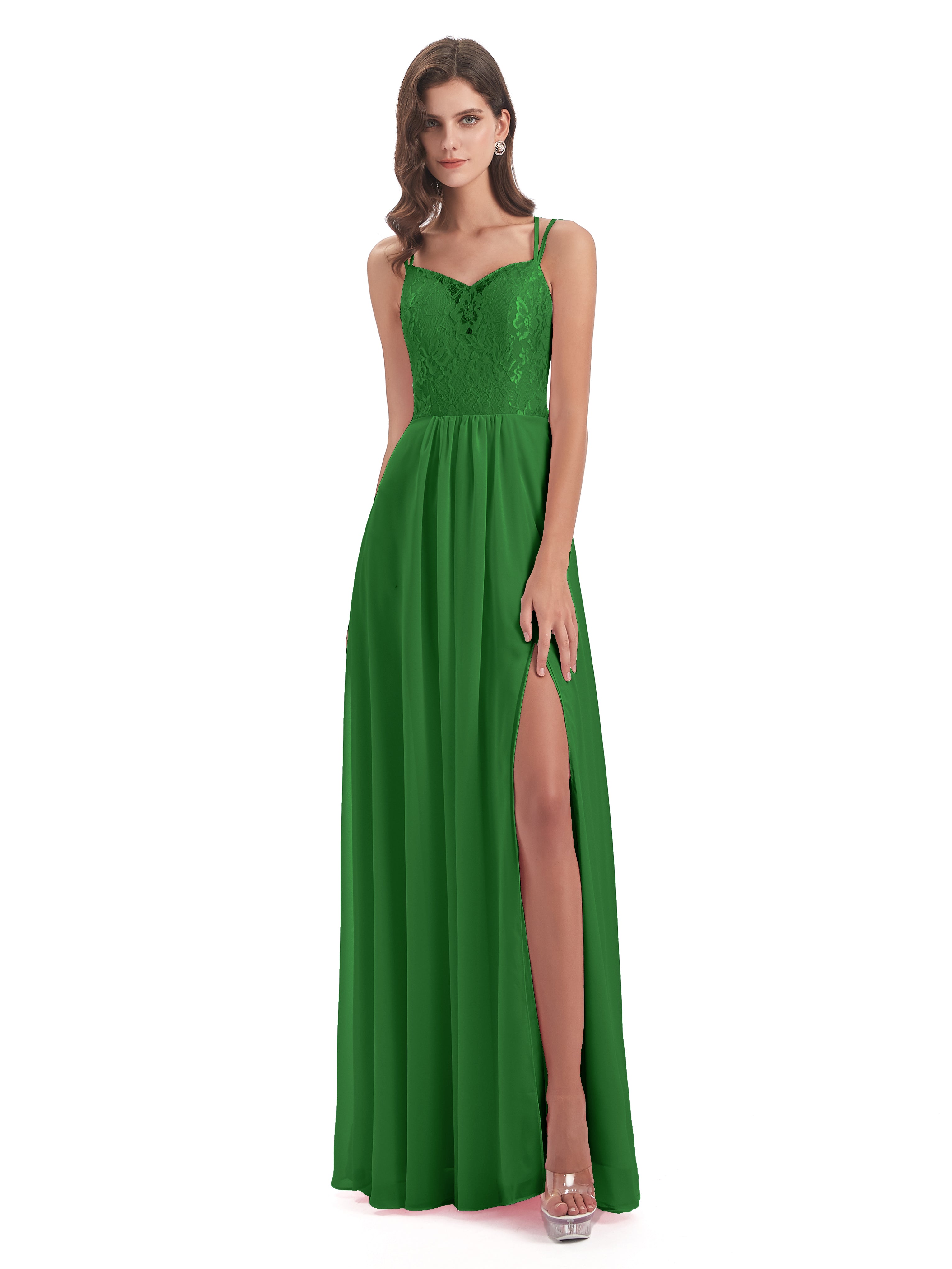 Robe Demoiselle D Honneur Vert Trapèze Bretelles Spaghetti Fendue Robes Demoiselle D'Honneur