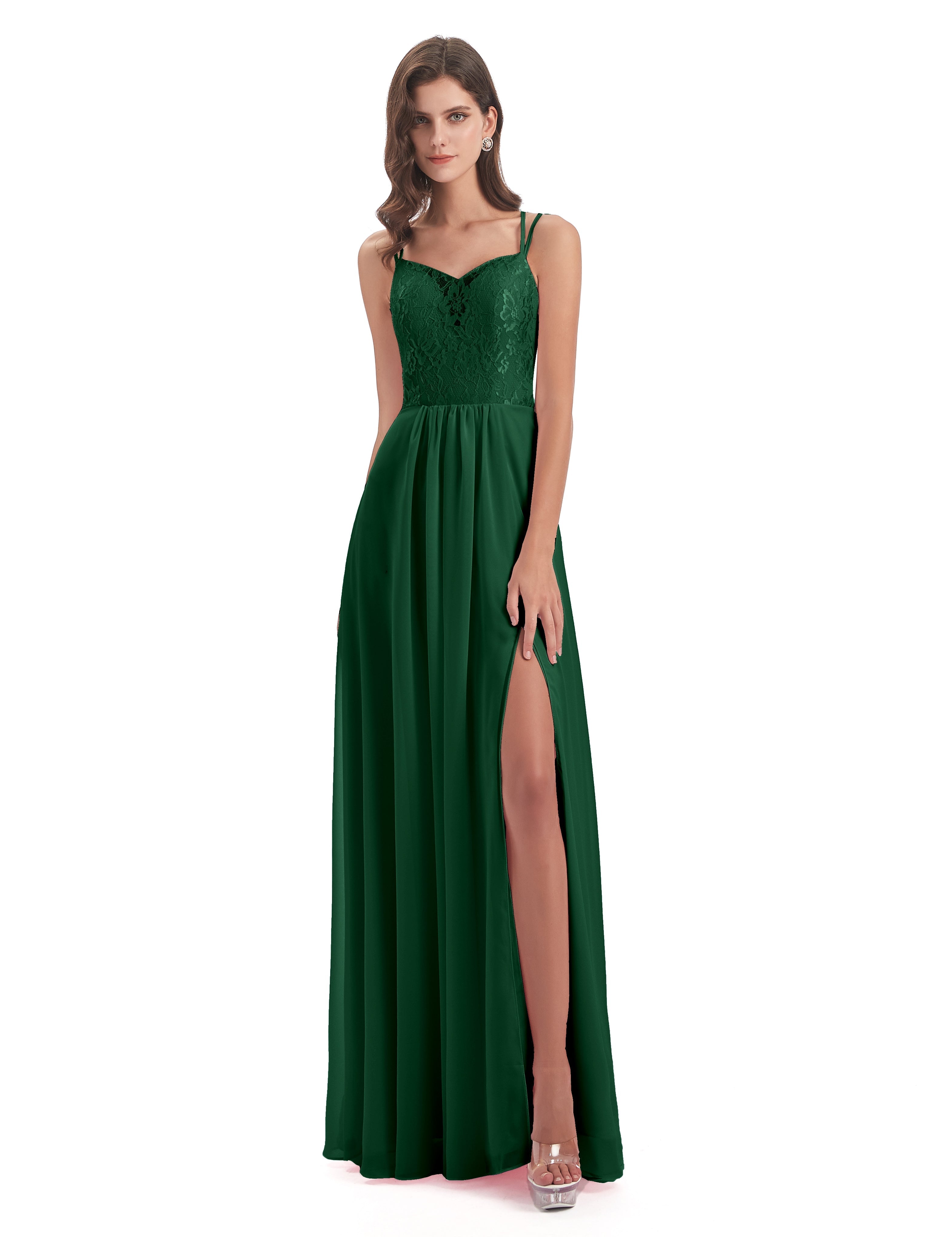Robes De Demoiselle D'Honneur Vert Foncé Trapèze Bretelles Spaghetti Fendue Robes Demoiselle D'Honneur