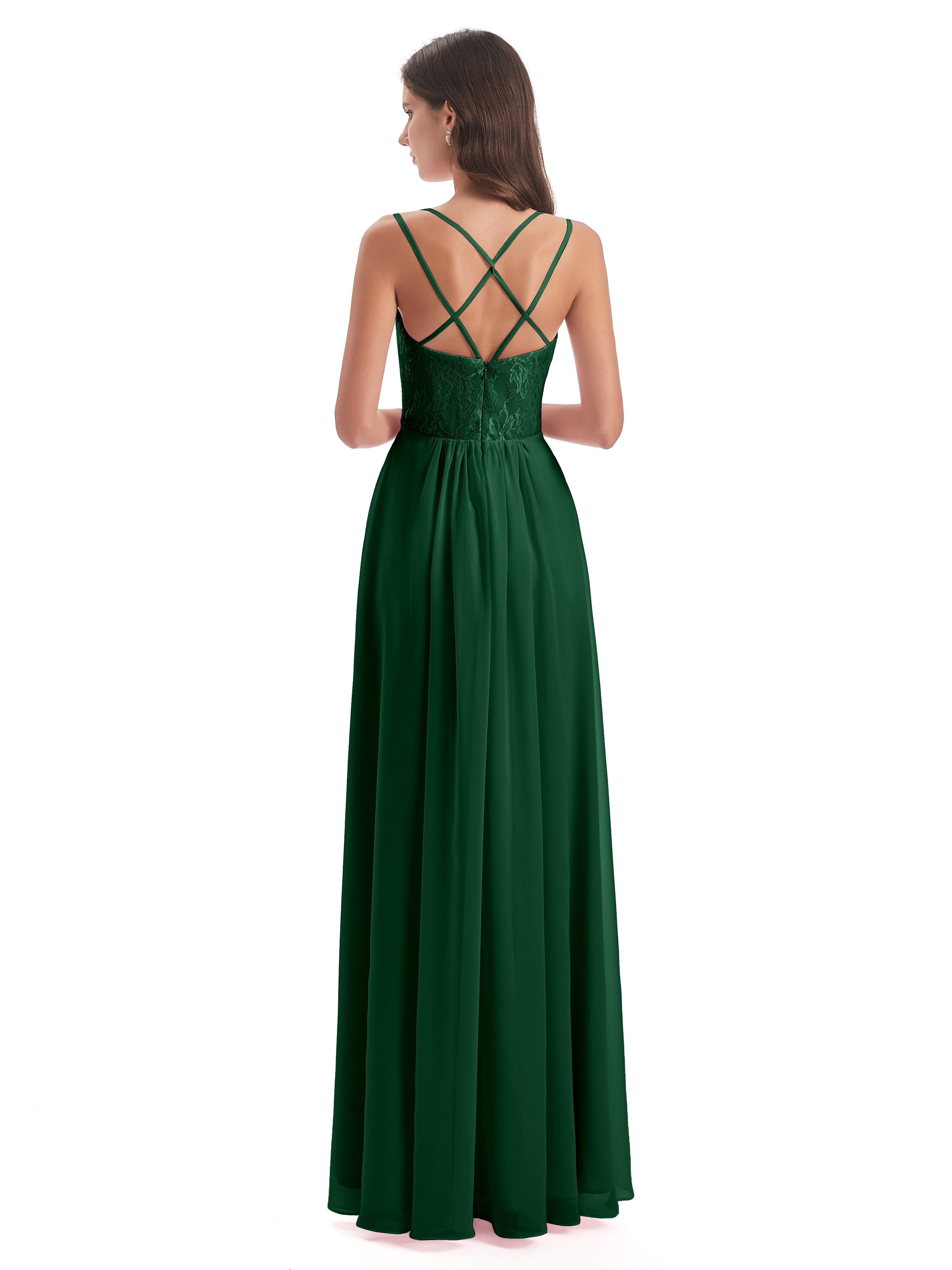 Robes De Demoiselle D'Honneur Vert Foncé Trapèze Bretelles Spaghetti Fendue Robes Demoiselle D'Honneur