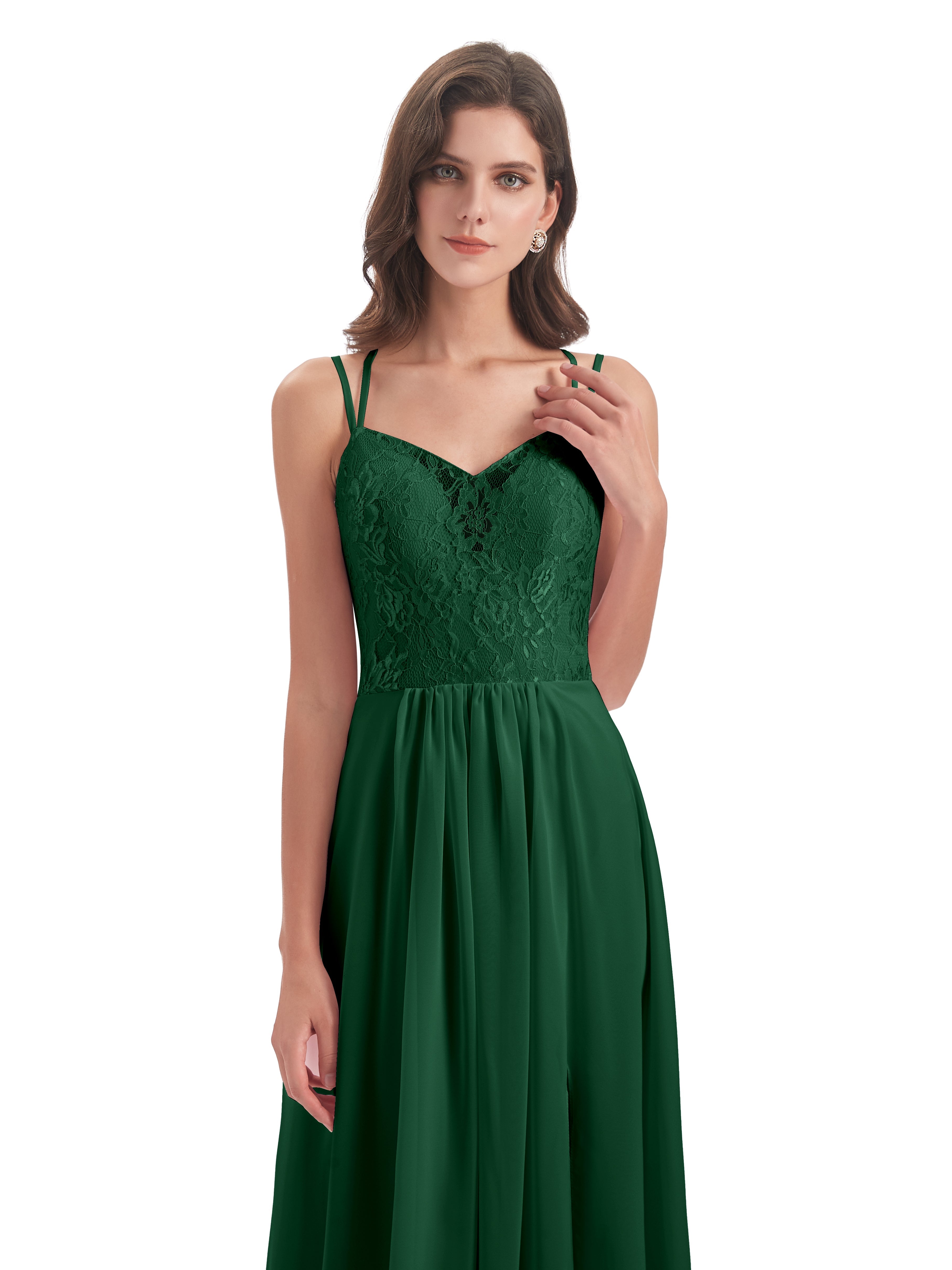 Robes De Demoiselle D'Honneur Vert Foncé Trapèze Bretelles Spaghetti Fendue Robes Demoiselle D'Honneur