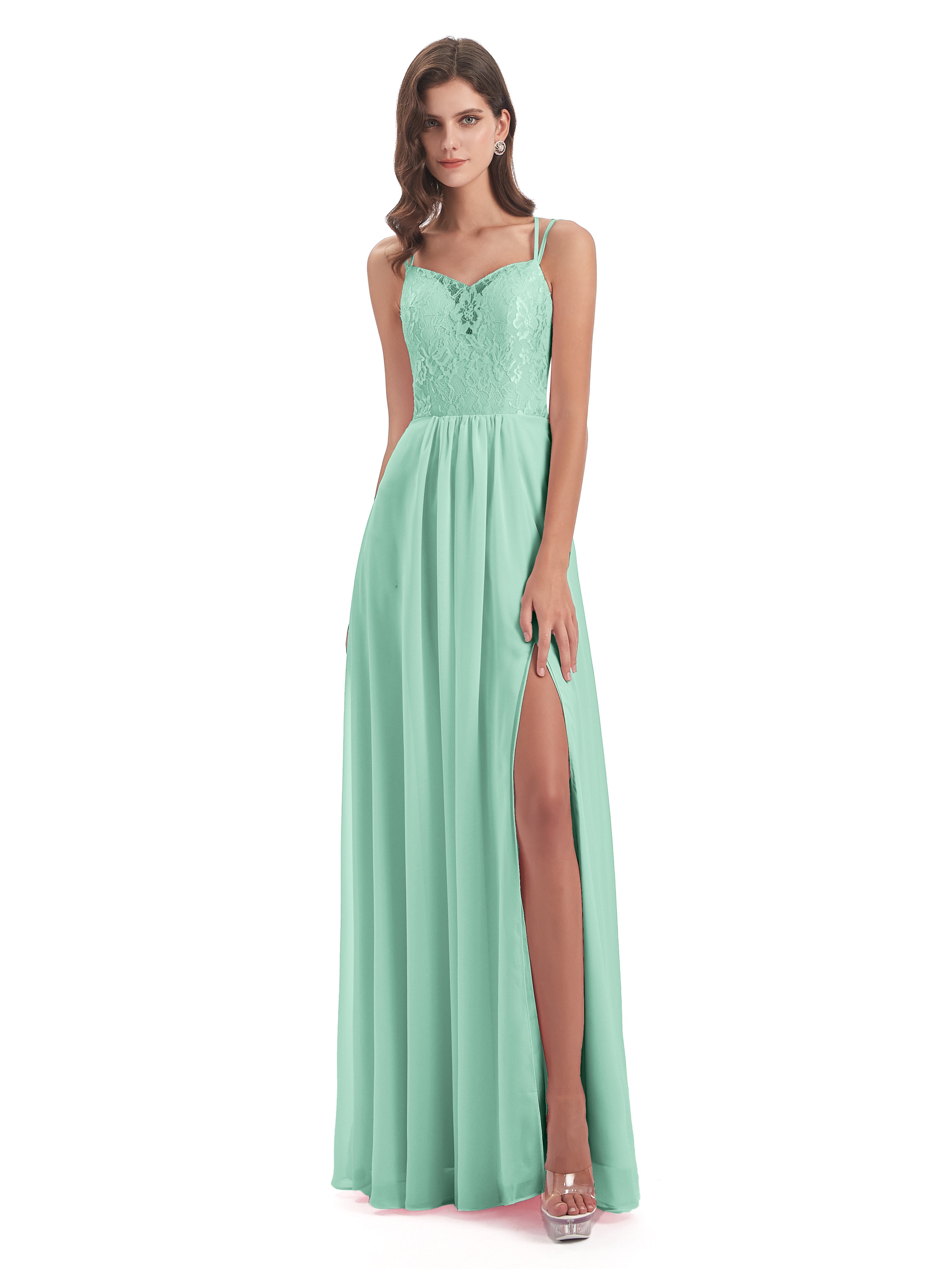 Robes De Demoiselle D'Honneur Vert Menthe Trapèze Bretelles Spaghetti Fendue Robes Demoiselle D'Honneur
