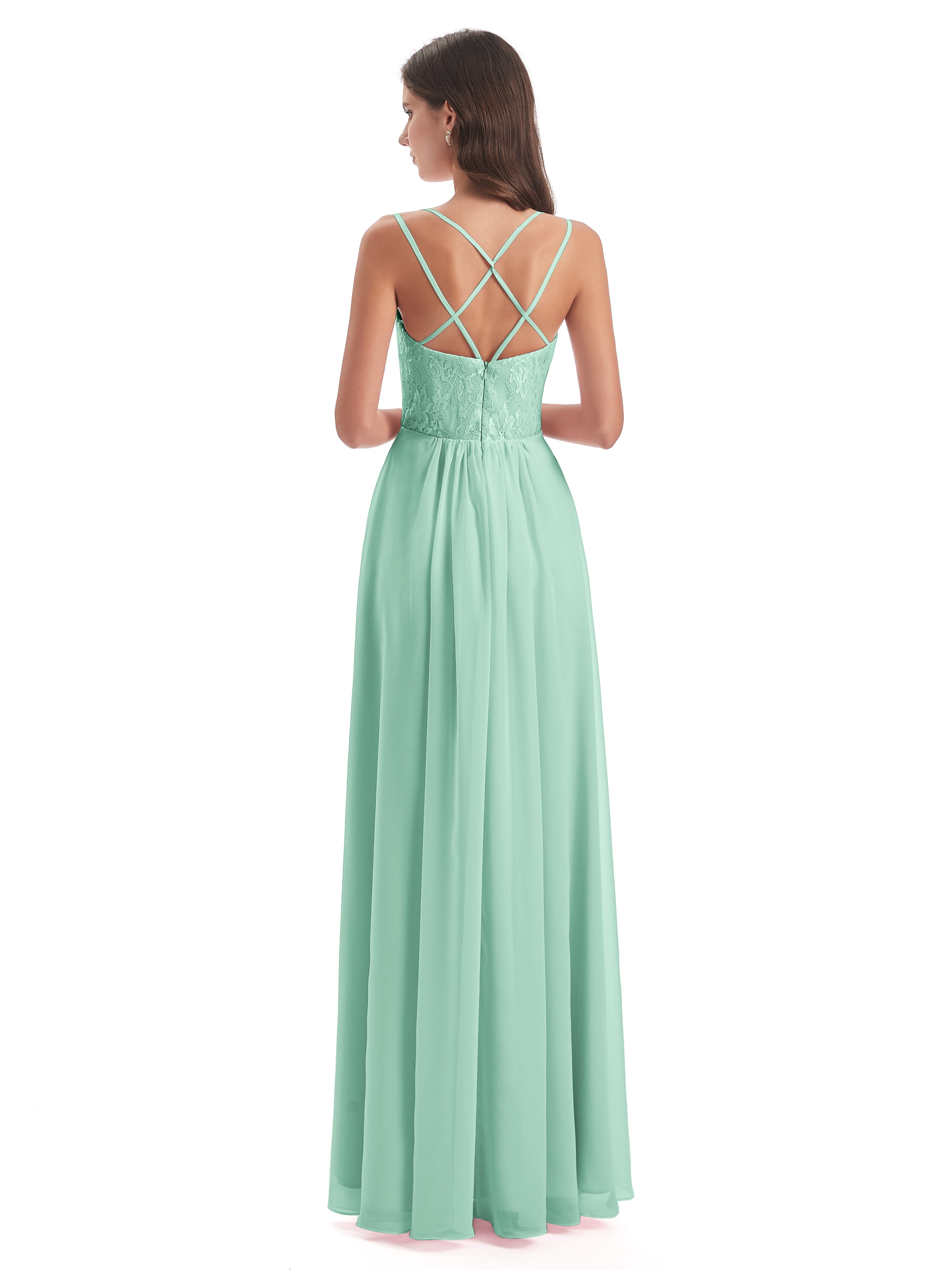 Robes De Demoiselle D'Honneur Vert Menthe Trapèze Bretelles Spaghetti Fendue Robes Demoiselle D'Honneur