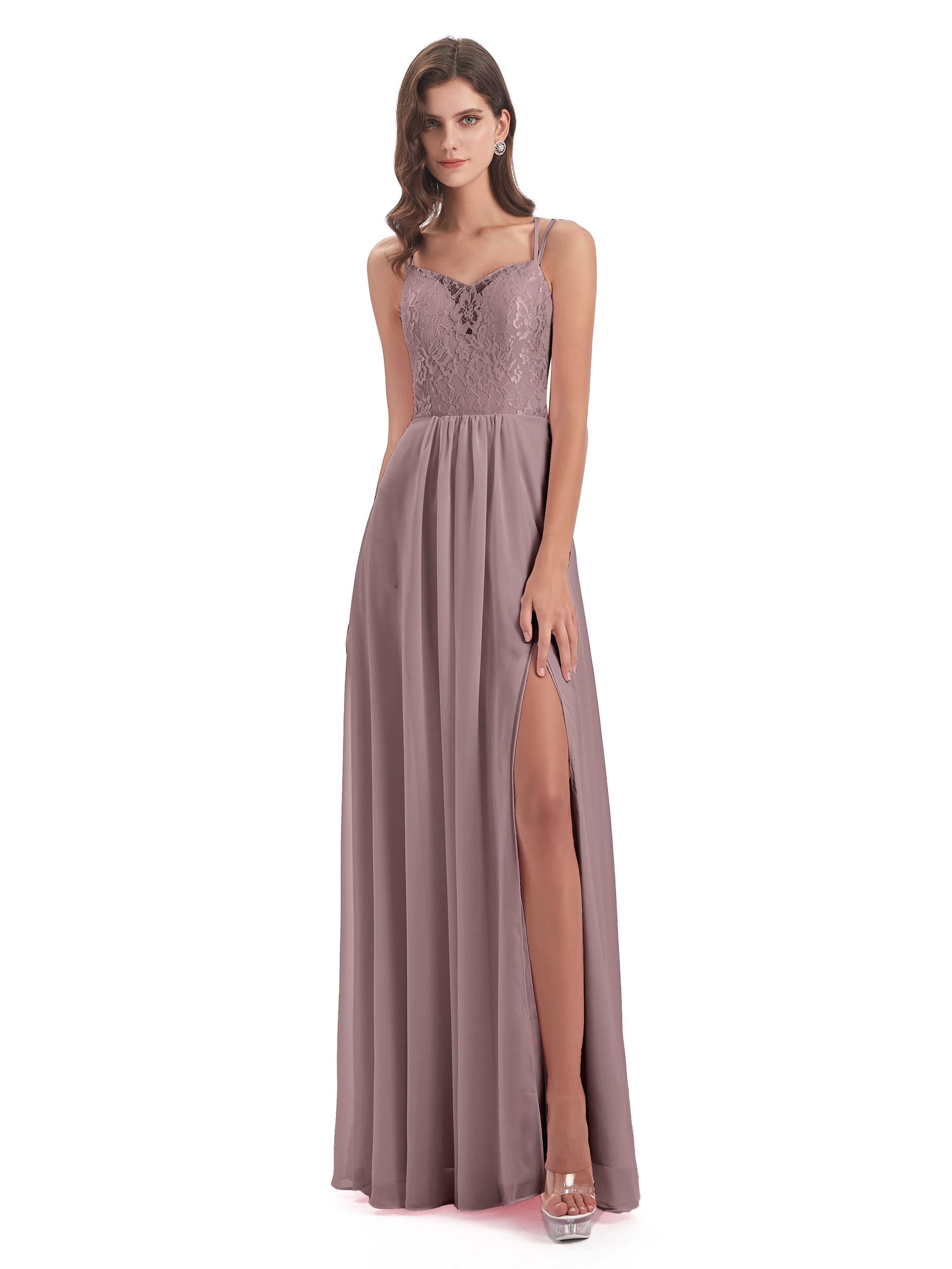 Robes De Demoiselle D'Honneur Vintage Mauve Trapèze Bretelles Spaghetti Fendue Robes Demoiselle D'Honneur