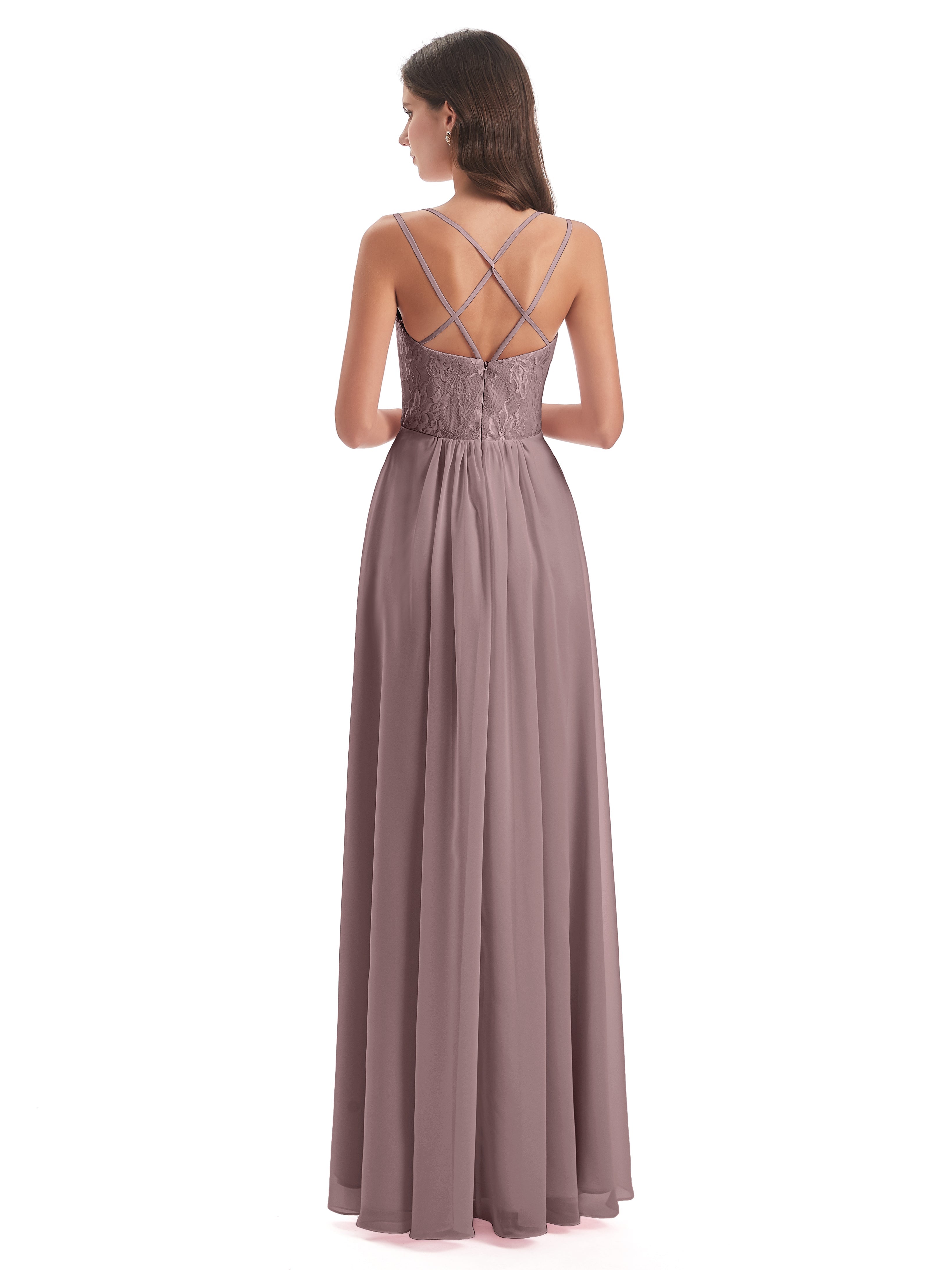 Robes De Demoiselle D'Honneur Vintage Mauve Trapèze Bretelles Spaghetti Fendue Robes Demoiselle D'Honneur