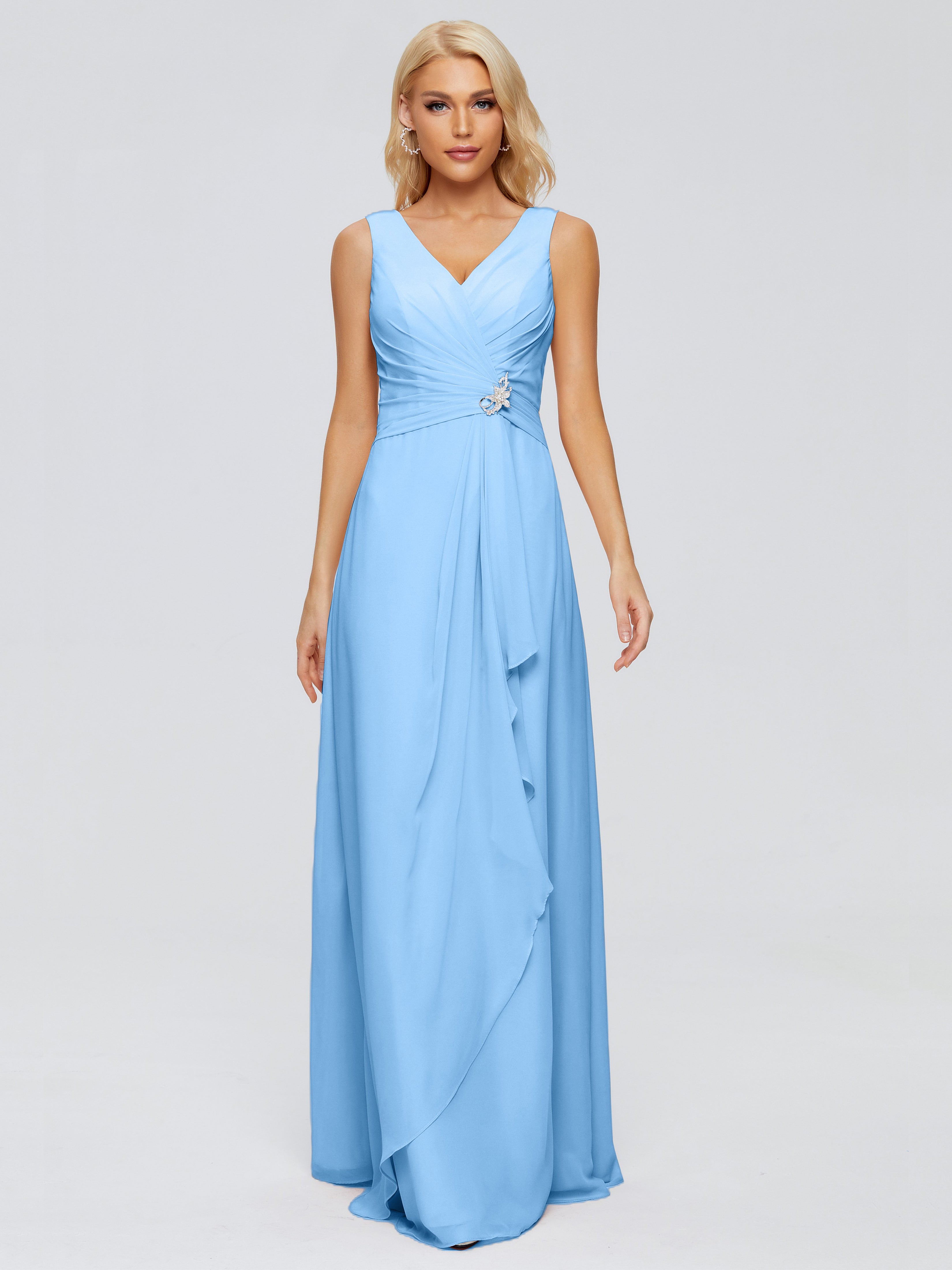 Robe Bleue Demoiselle D Honneur Fourreau Col V Sans Manche Mousseline Robes Demoiselle D'Honneur