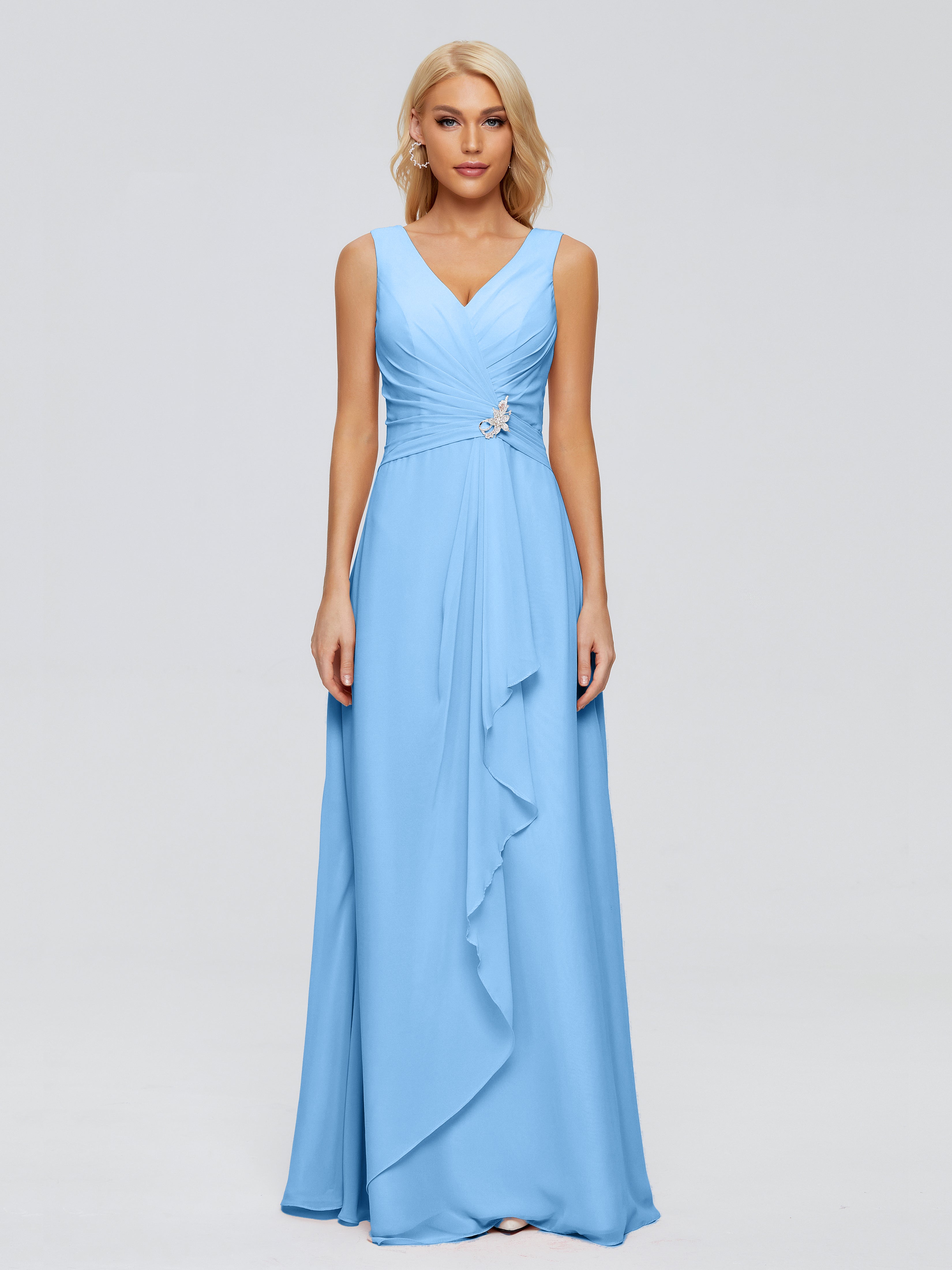 Robe Bleue Demoiselle D Honneur Fourreau Col V Sans Manche Mousseline Robes Demoiselle D'Honneur