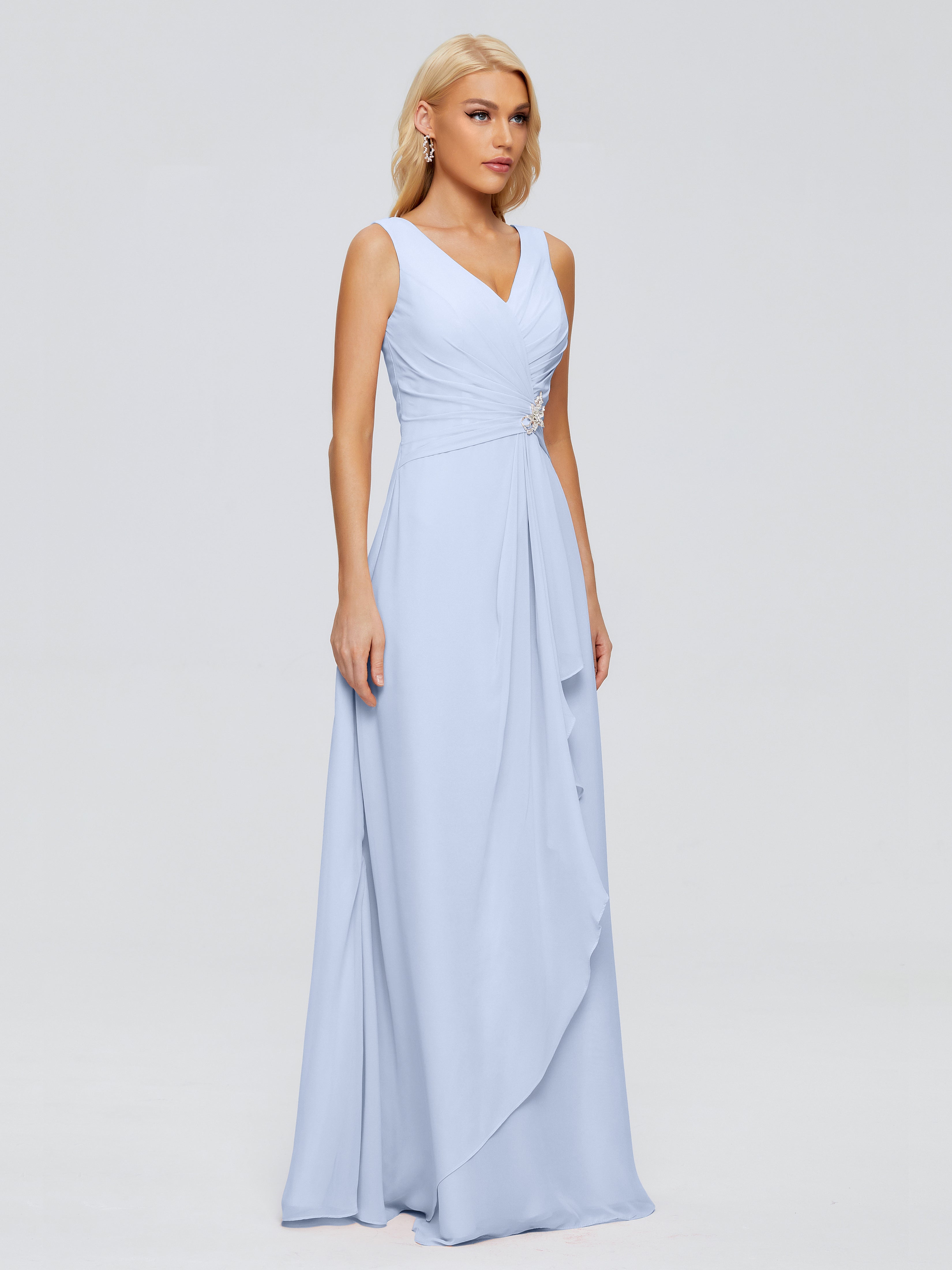 Robe Longue Bleu Ciel Demoiselle D Honneur Fourreau Col V Sans Manche Mousseline Robes Demoiselle D'Honneur