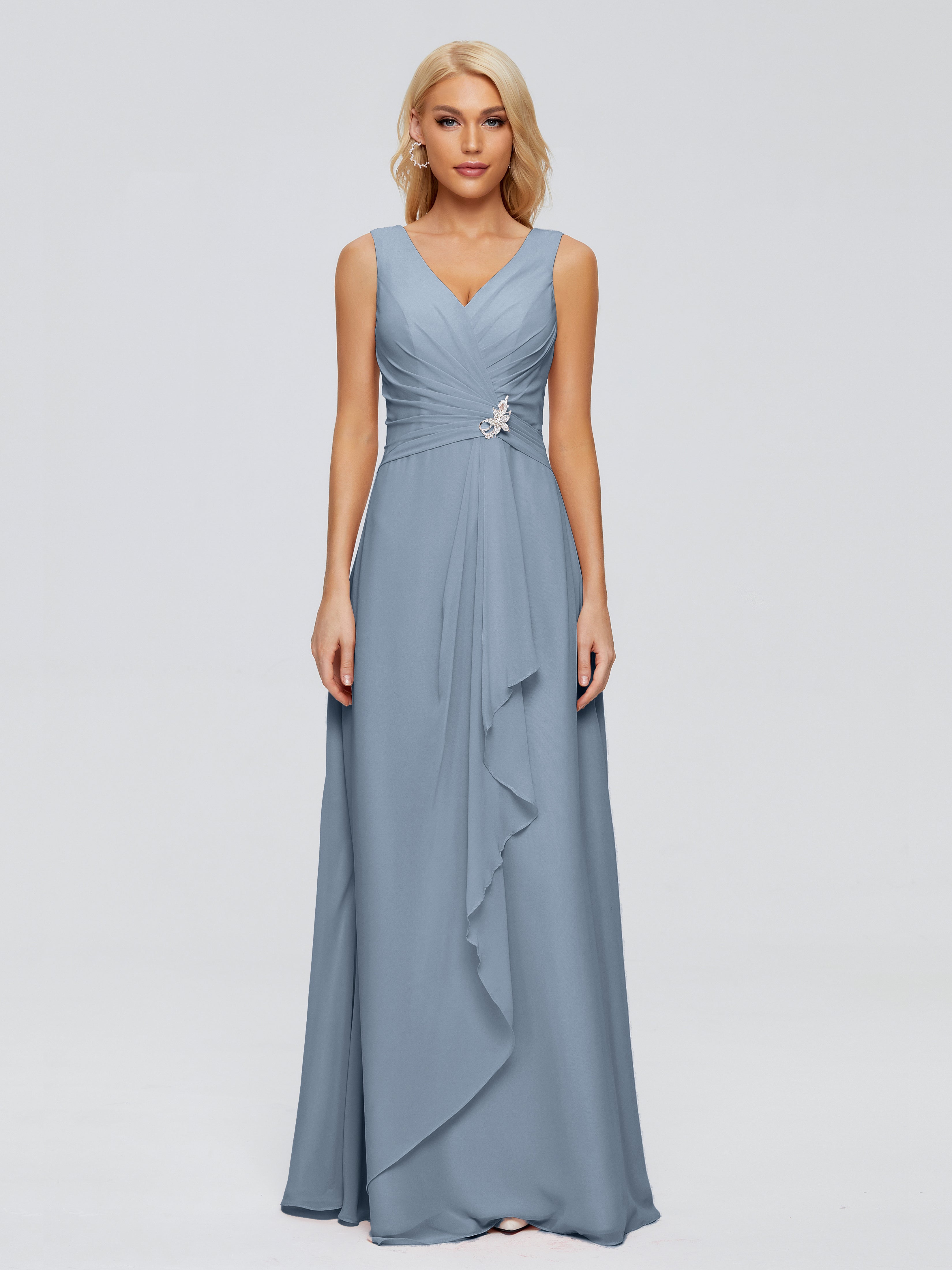Robes De Demoiselle D'Honneur Bleu Poussiéreux Fourreau Col V Sans Manche Mousseline Robes Demoiselle D'Honneur