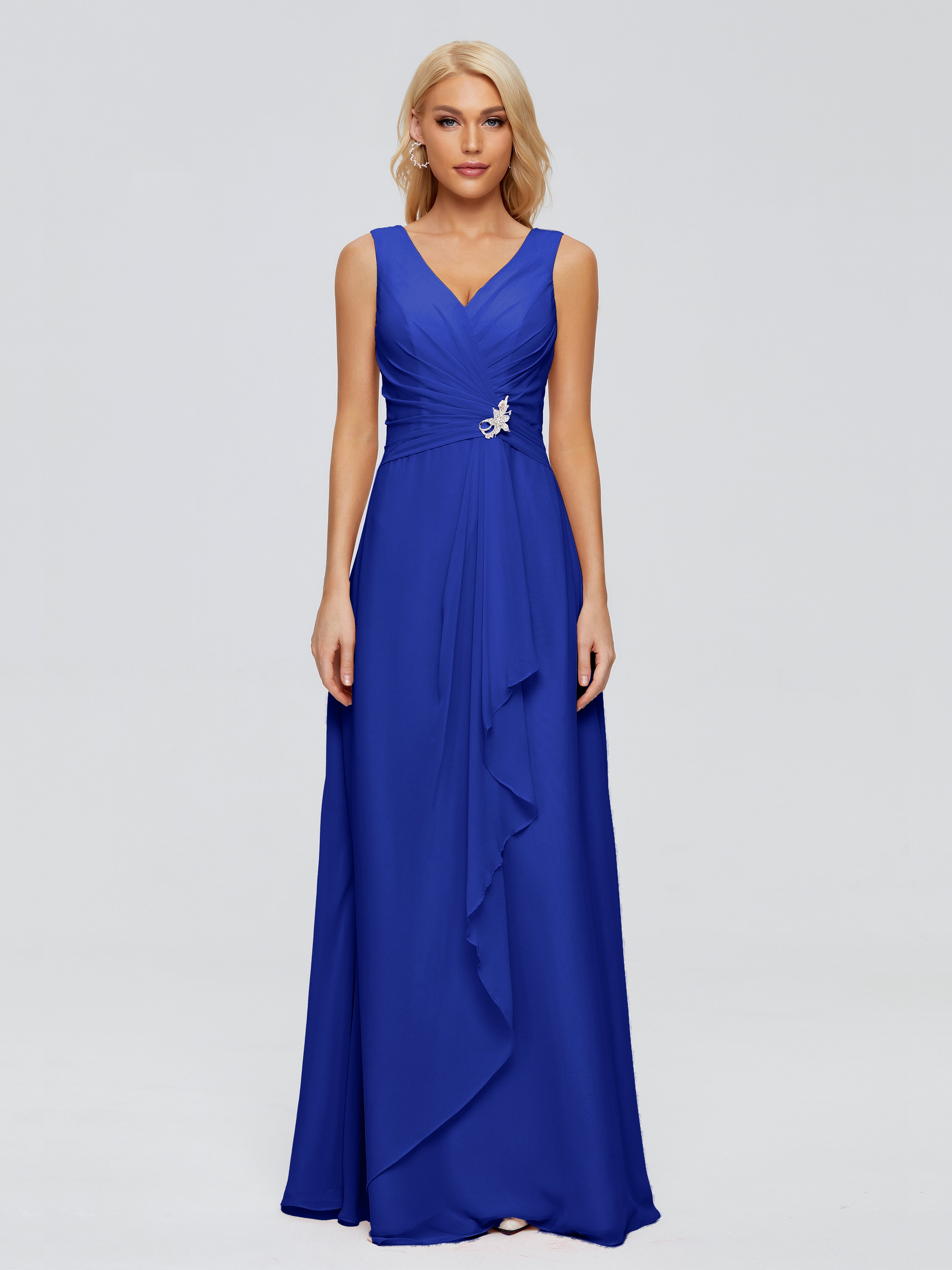 Demoiselle D Honneur Bleu Roi Fourreau Col V Sans Manche Mousseline Robes Demoiselle D'Honneur