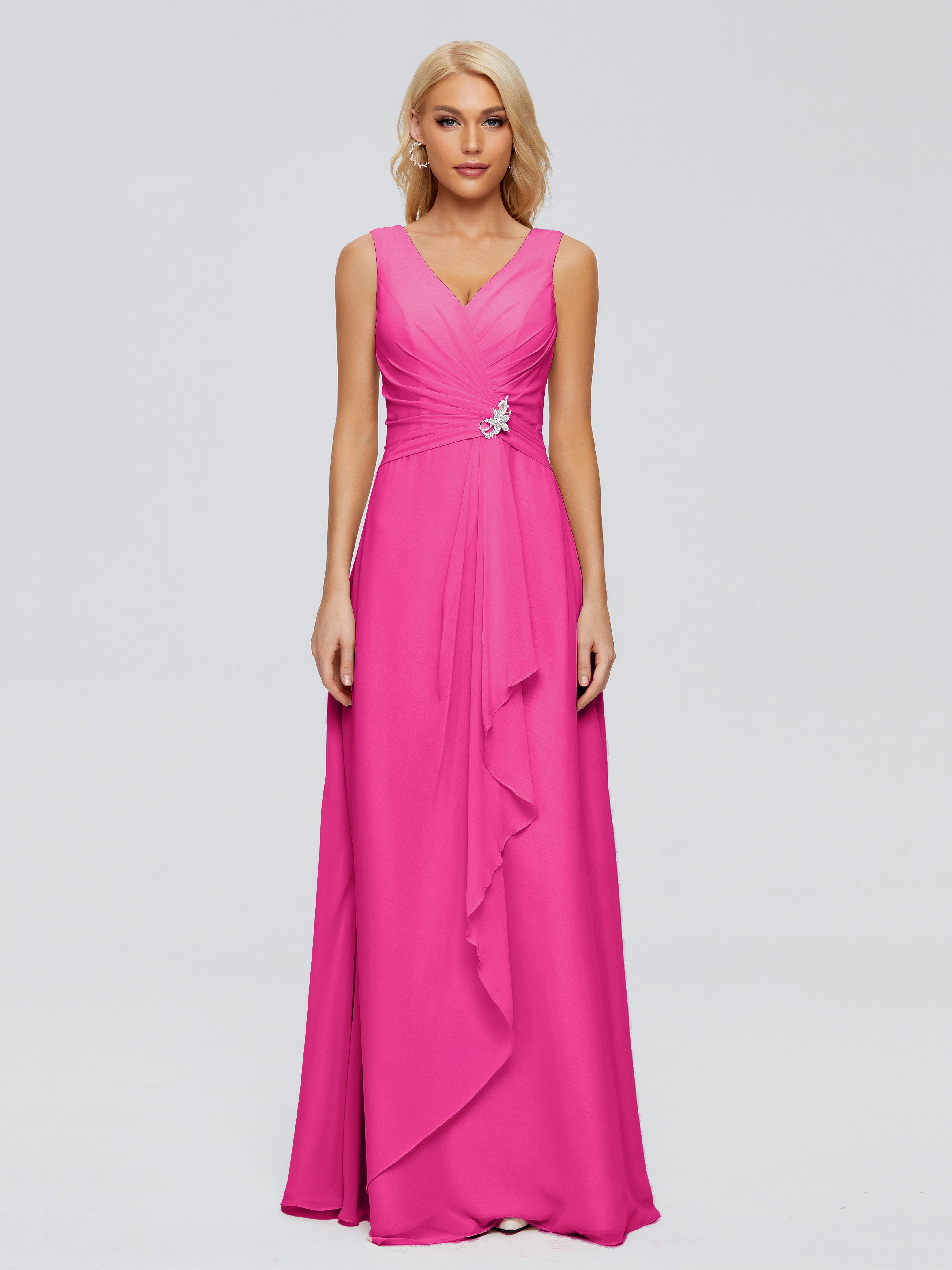 Robe Demoiselle D Honneur Fuchsia Fourreau Col V Sans Manche Mousseline Robes Demoiselle D'Honneur