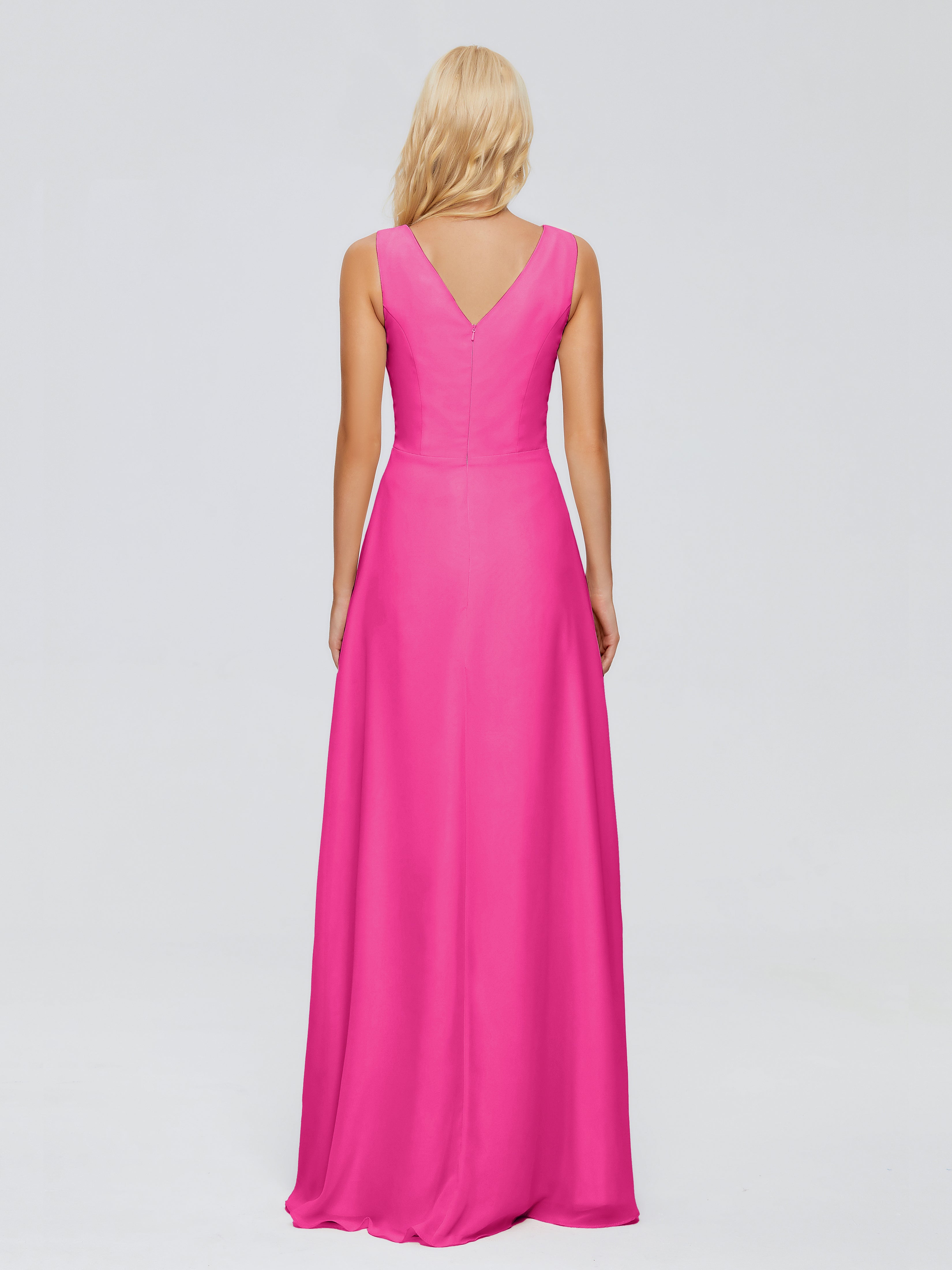 Robe Demoiselle D Honneur Fuchsia Fourreau Col V Sans Manche Mousseline Robes Demoiselle D'Honneur