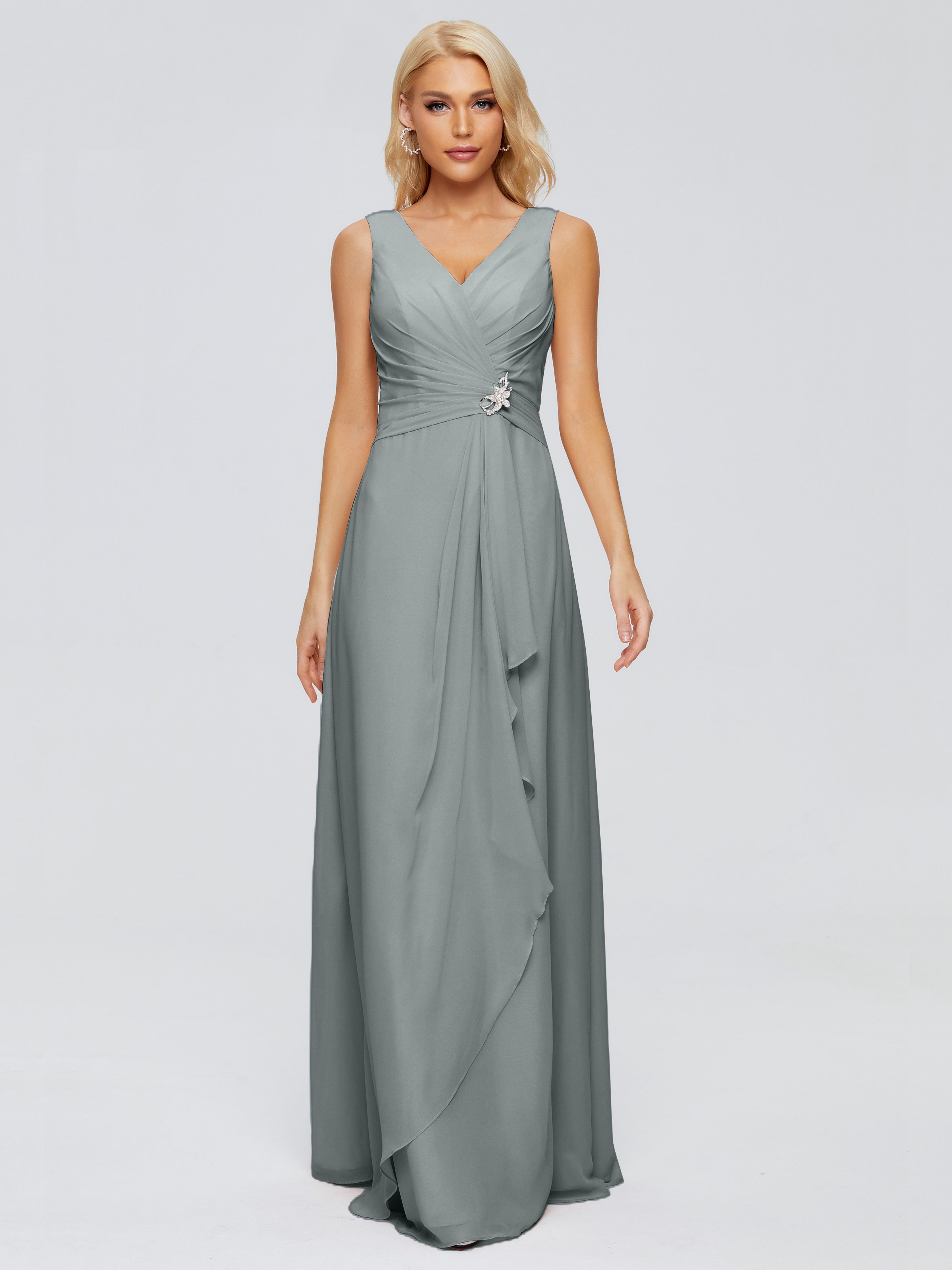 Robe Demoiselle D Honneur Gris Argenté Fourreau Col V Sans Manche Mousseline Robes Demoiselle D'Honneur